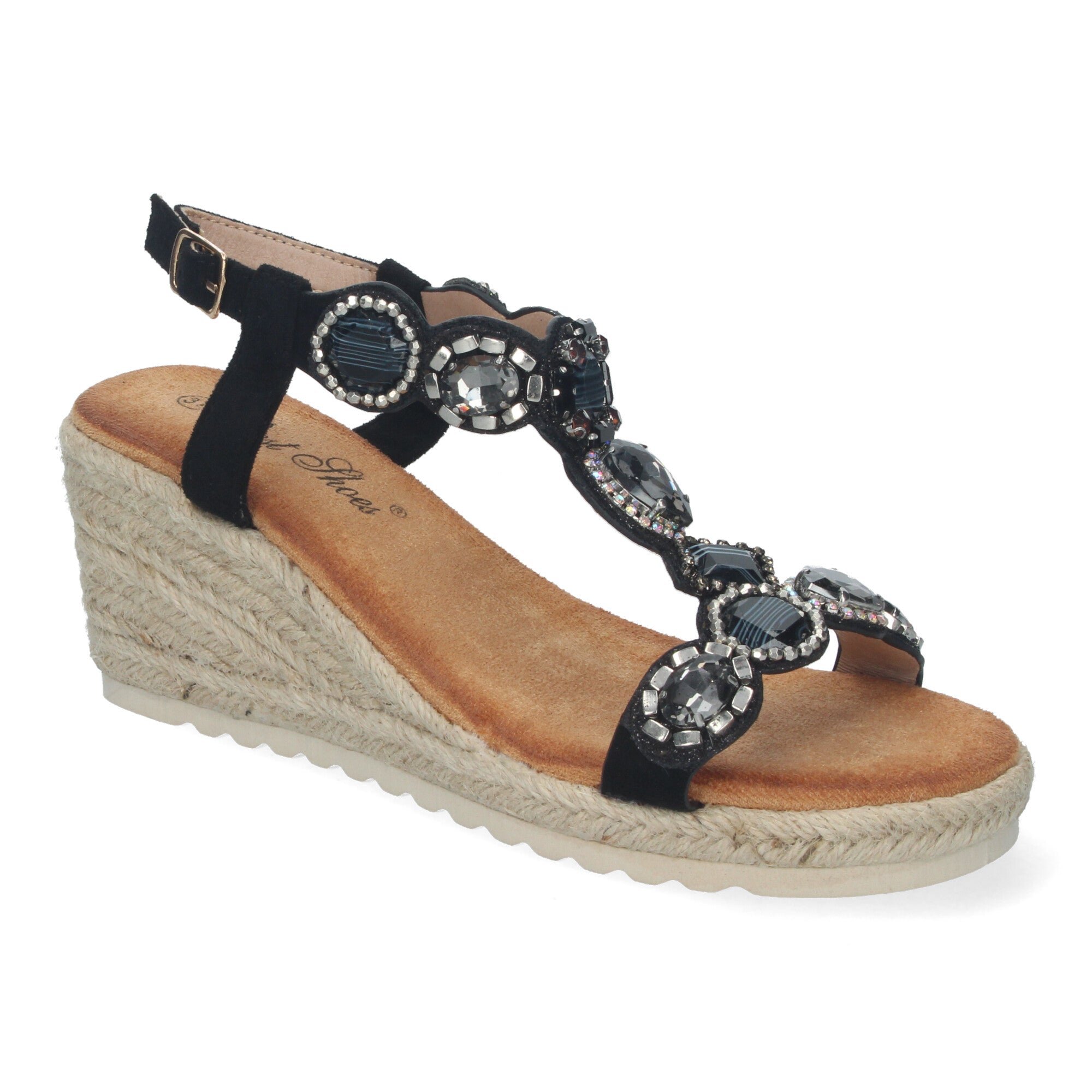 Sandalias de Cuña de Yute para Mujer, Elegantes y Cómodas con Adornos de Pedrería y Hebilla Ajustable