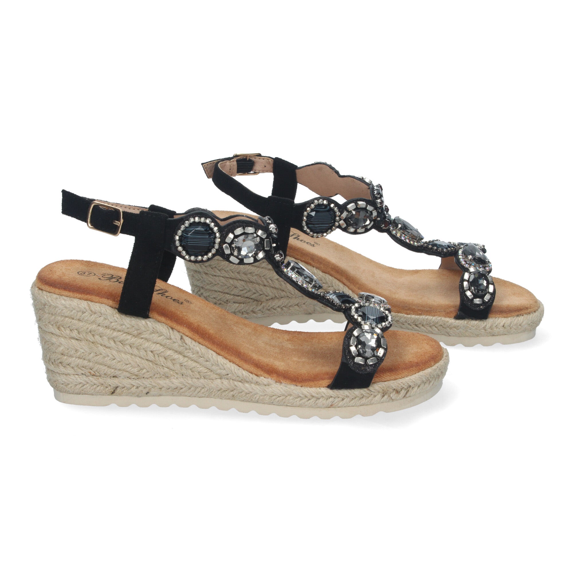 Sandalias de Cuña de Yute para Mujer, Elegantes y Cómodas con Adornos de Pedrería y Hebilla Ajustable