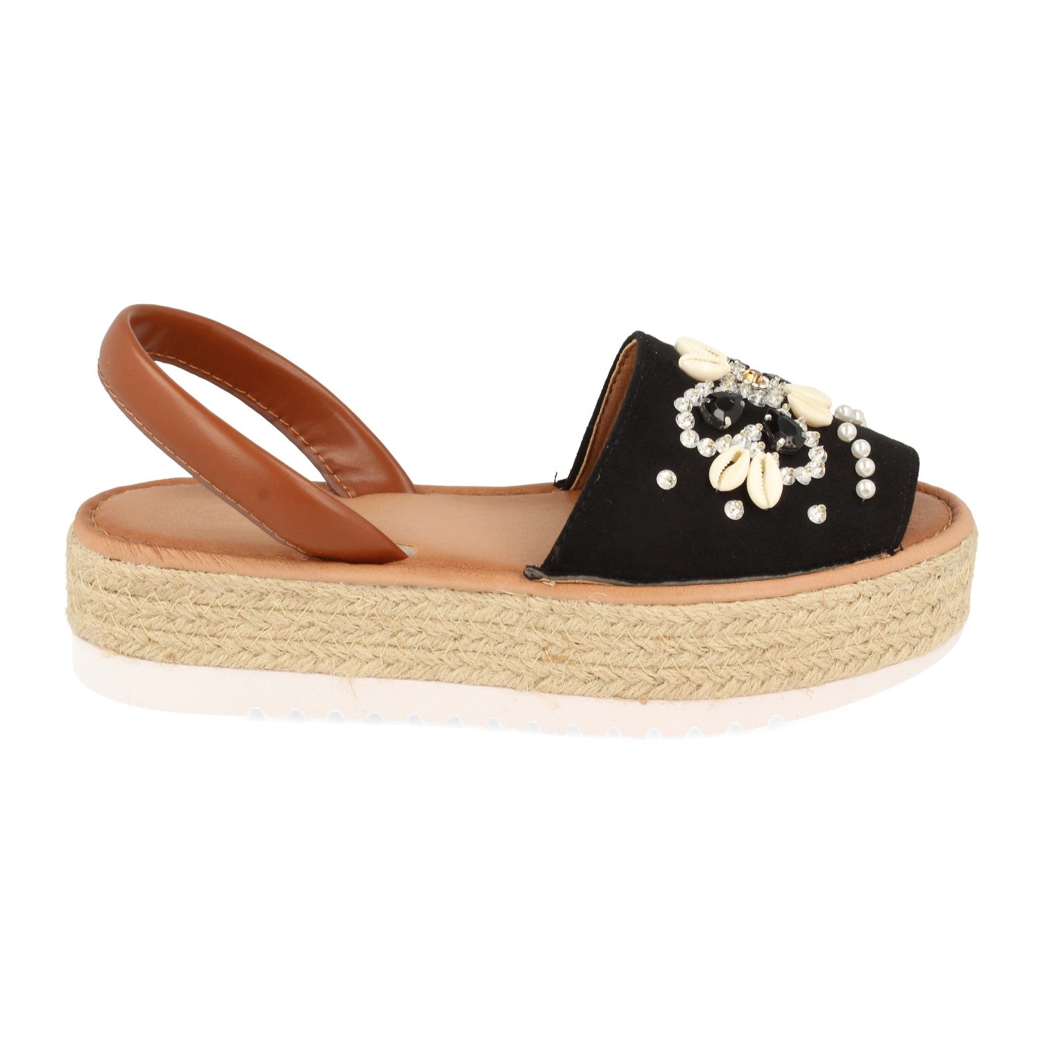 Sandalia de Plataforma para Mujer con Yute, Pala Ancha Adornada con Conchas y Piedras Brillantes, Talón Abierto