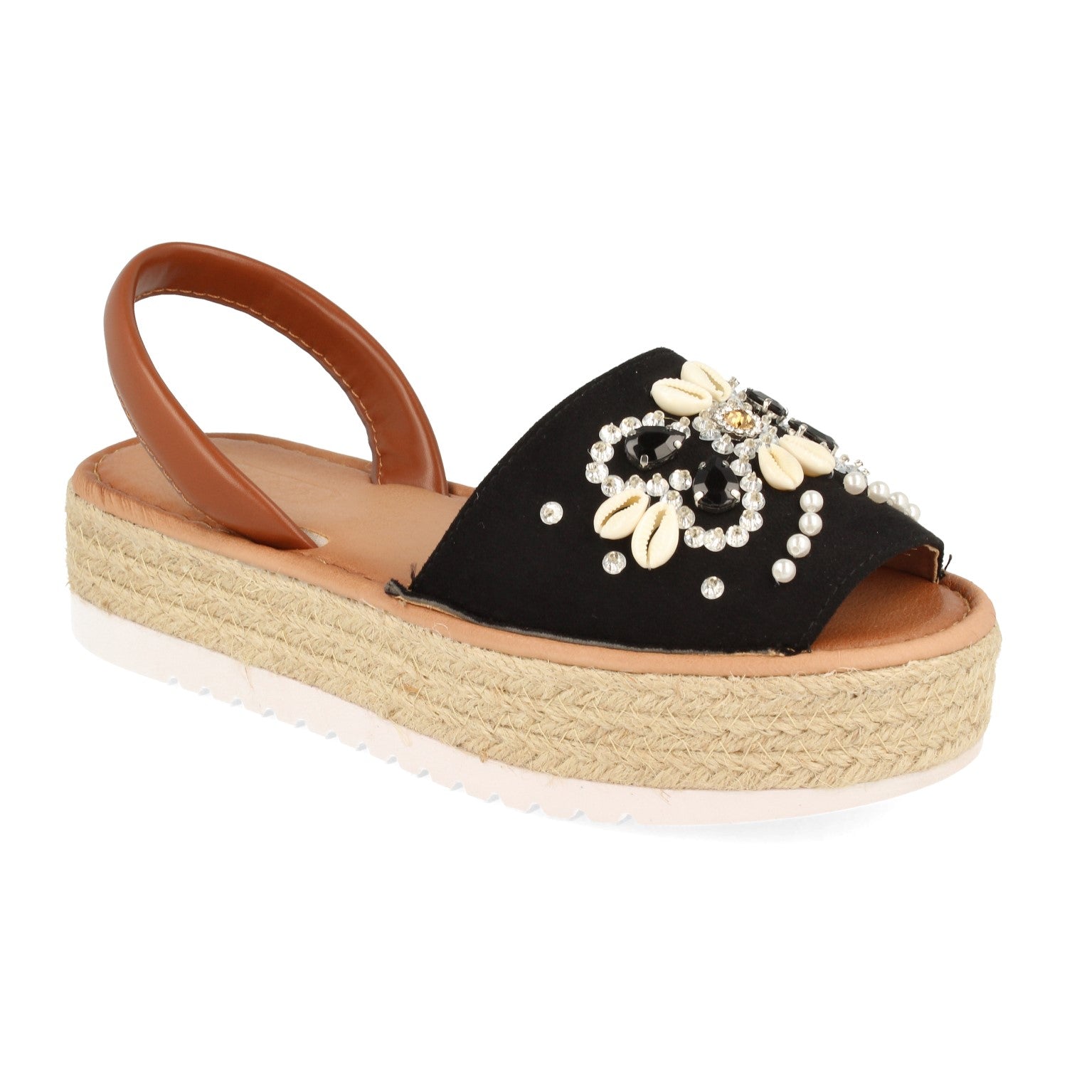 Sandalia de Plataforma para Mujer con Yute, Pala Ancha Adornada con Conchas y Piedras Brillantes, Talón Abierto