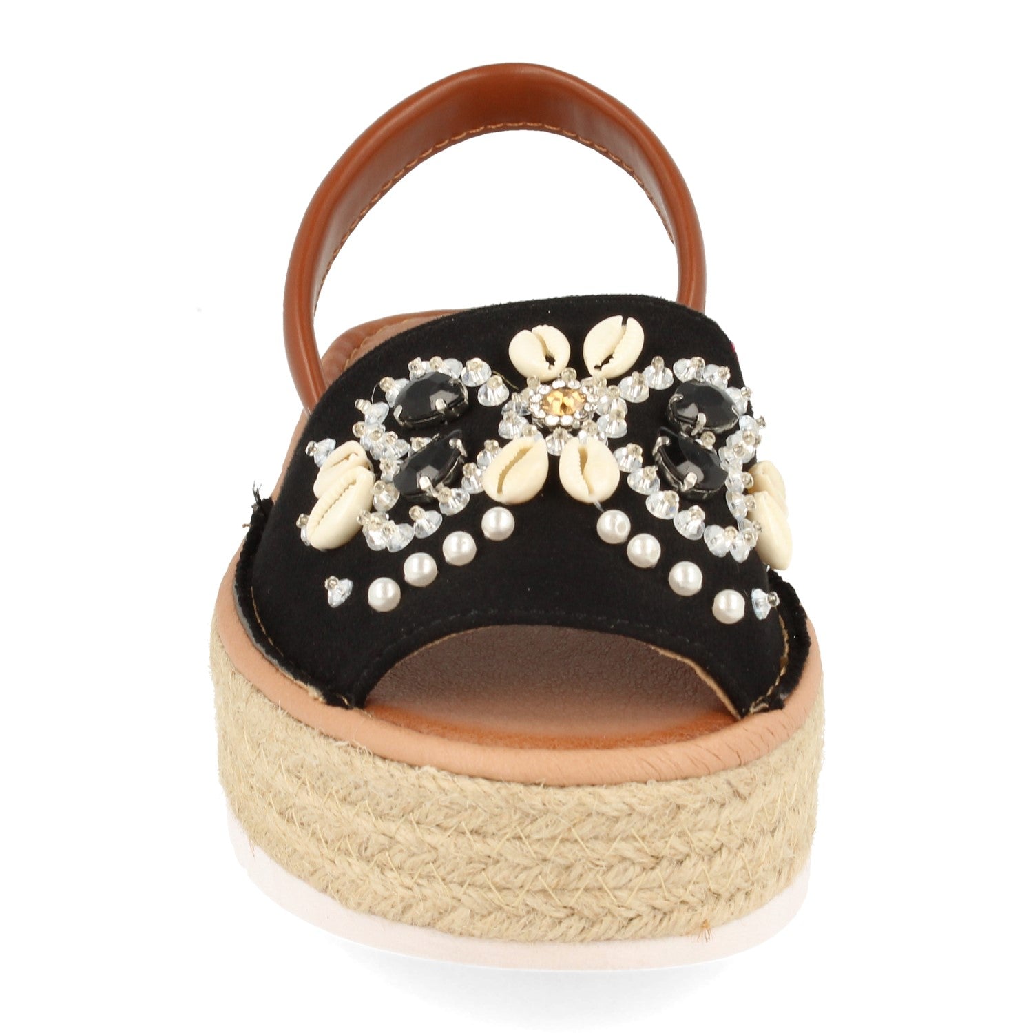Sandalia de Plataforma para Mujer con Yute, Pala Ancha Adornada con Conchas y Piedras Brillantes, Talón Abierto