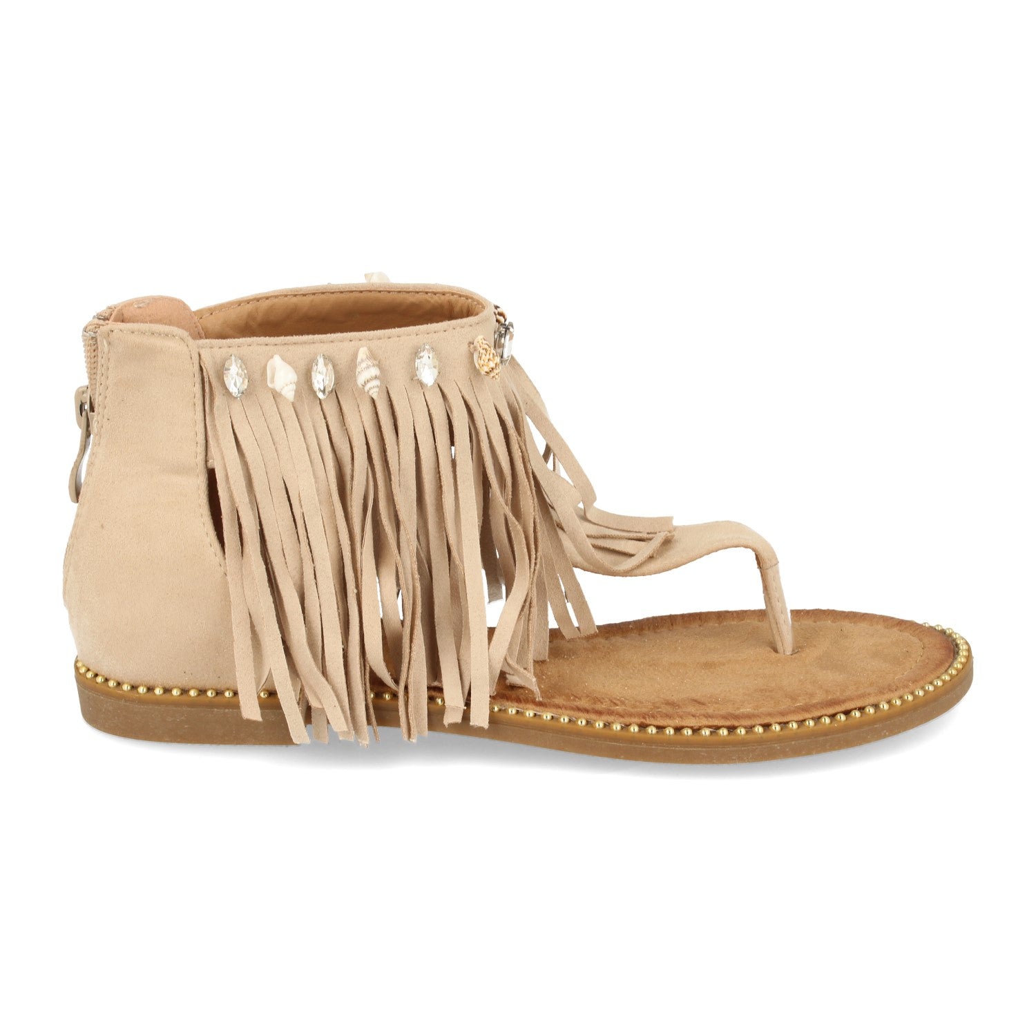 Sandalia Plana de Esclava para Mujer con Talón Cubierto, Flecos, Conchas Marinas, Tachuelas y Cremallera