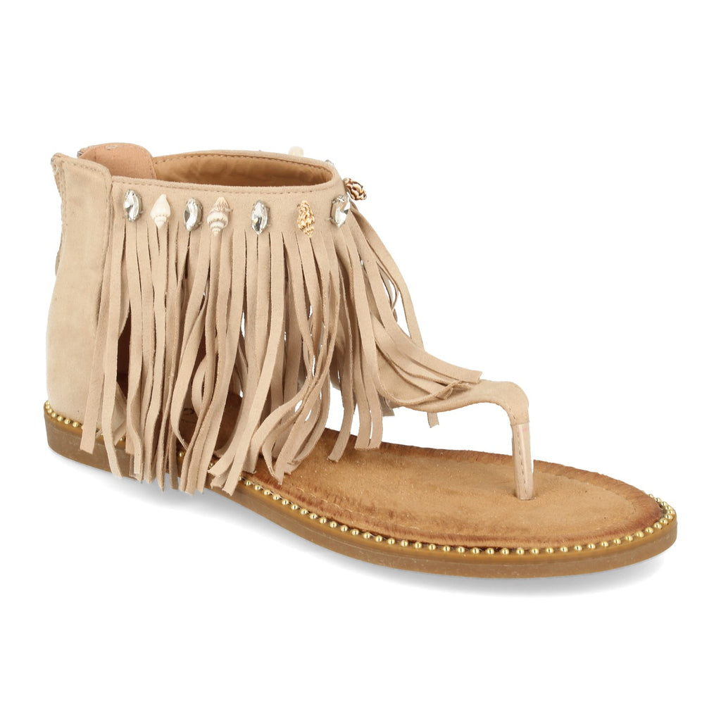 Sandalia Plana de Esclava para Mujer con Talón Cubierto, Flecos, Conchas Marinas, Tachuelas y Cremallera
