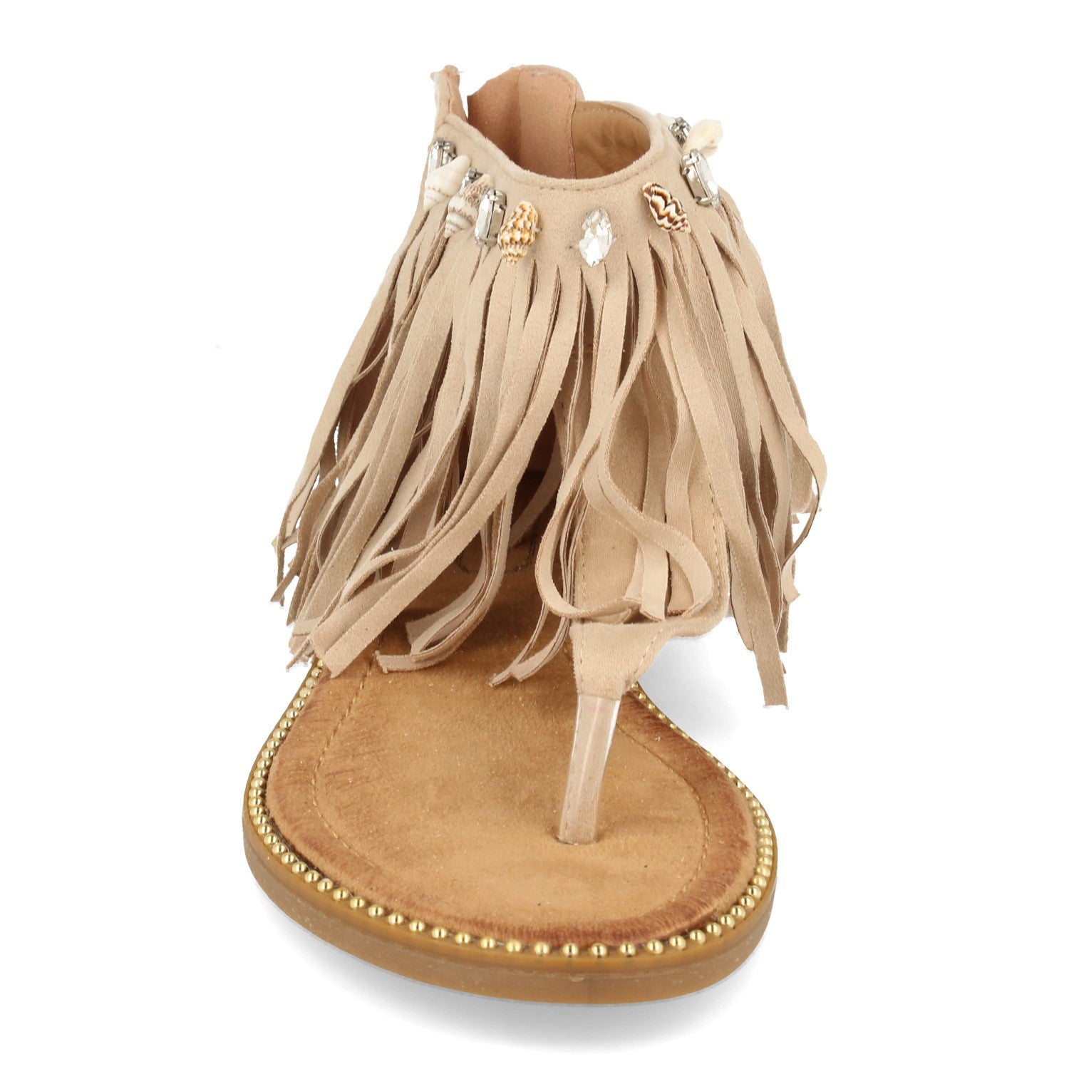 Sandalia Plana de Esclava para Mujer con Talón Cubierto, Flecos, Conchas Marinas, Tachuelas y Cremallera