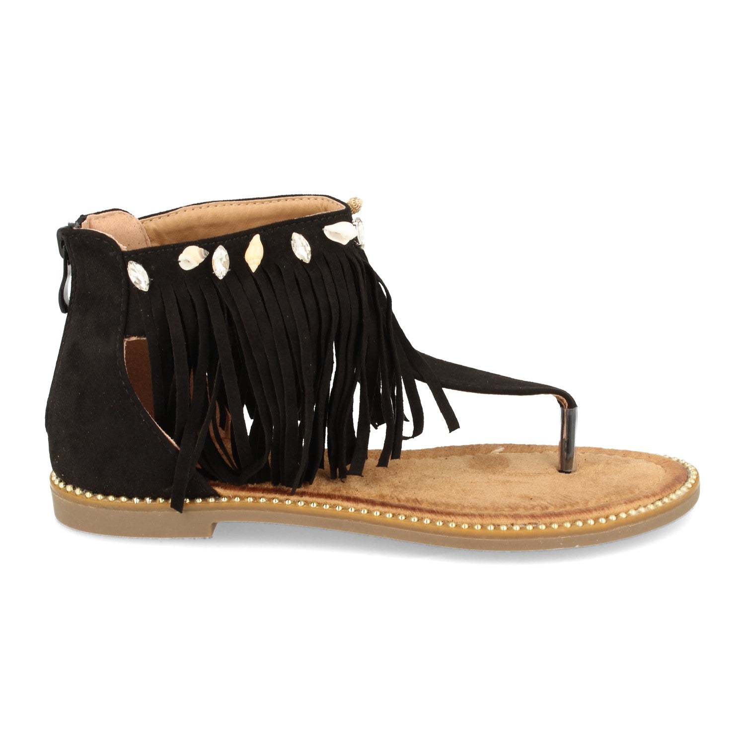 Sandalia Plana de Esclava para Mujer con Talón Cubierto, Flecos, Conchas Marinas, Tachuelas y Cremallera