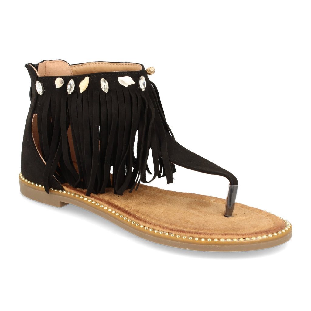 Sandalia Plana de Esclava para Mujer con Talón Cubierto, Flecos, Conchas Marinas, Tachuelas y Cremallera