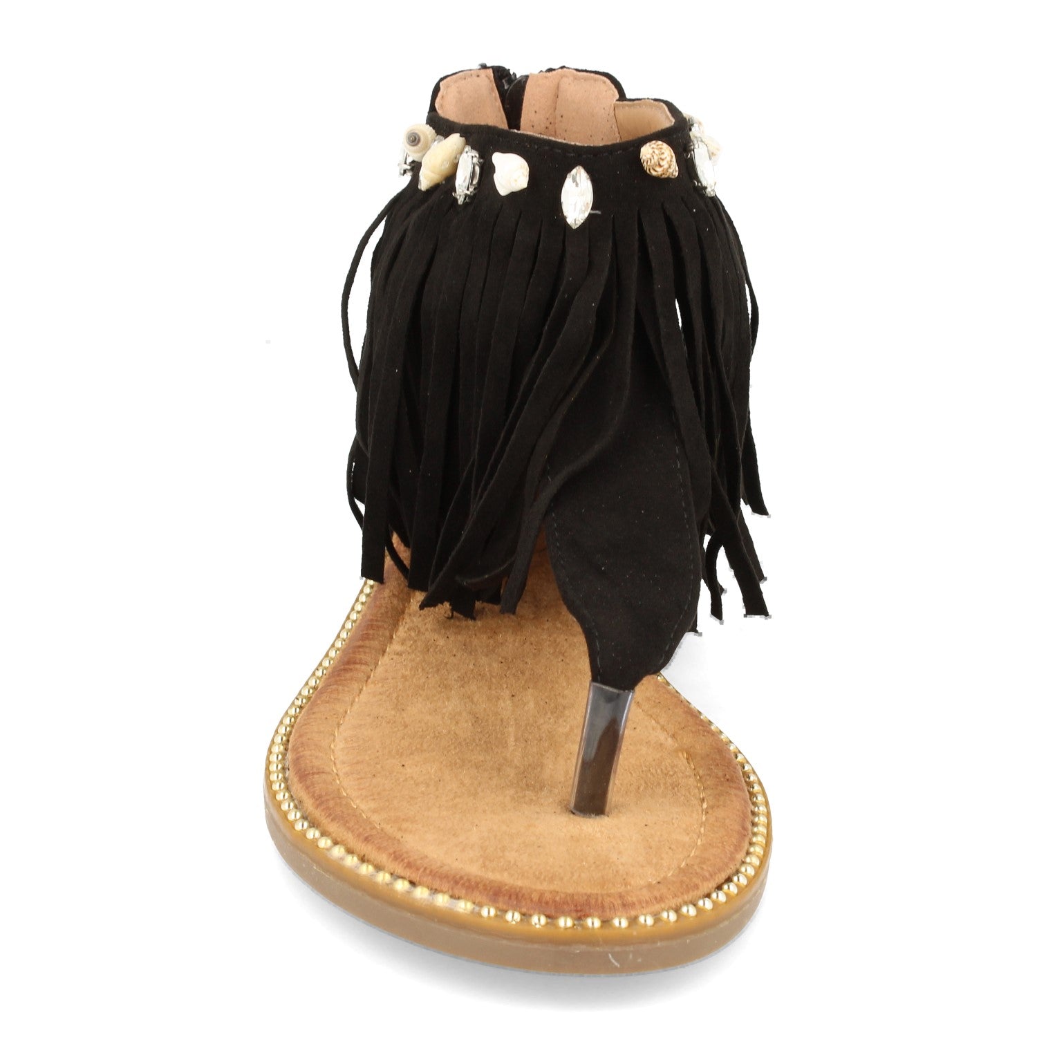 Sandalia Plana de Esclava para Mujer con Talón Cubierto, Flecos, Conchas Marinas, Tachuelas y Cremallera
