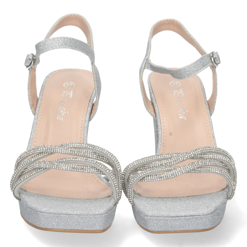 Sandalia Brillante Plateada de Tacon Medio  Para Mujer