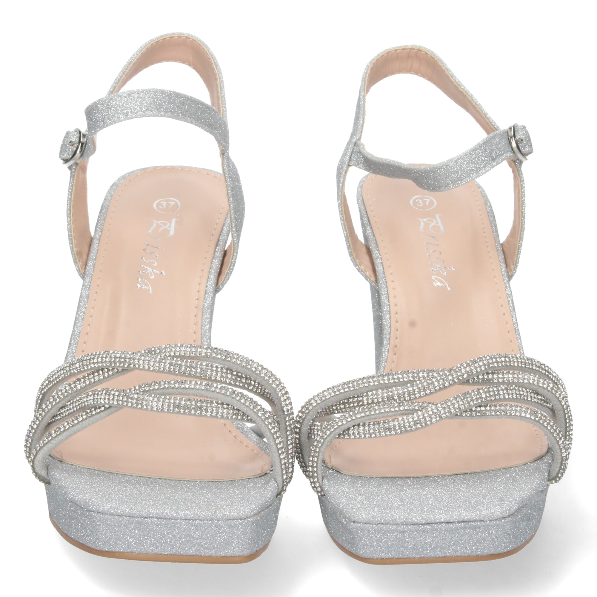 Sandalia Brillante Plateada de Tacon Medio  Para Mujer