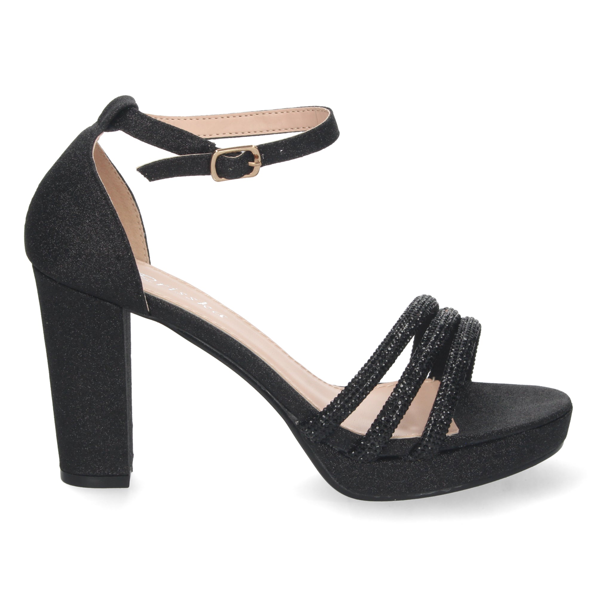 Sandalia  Negra Brillante  de Tacon  Medio Strass Para Mujer