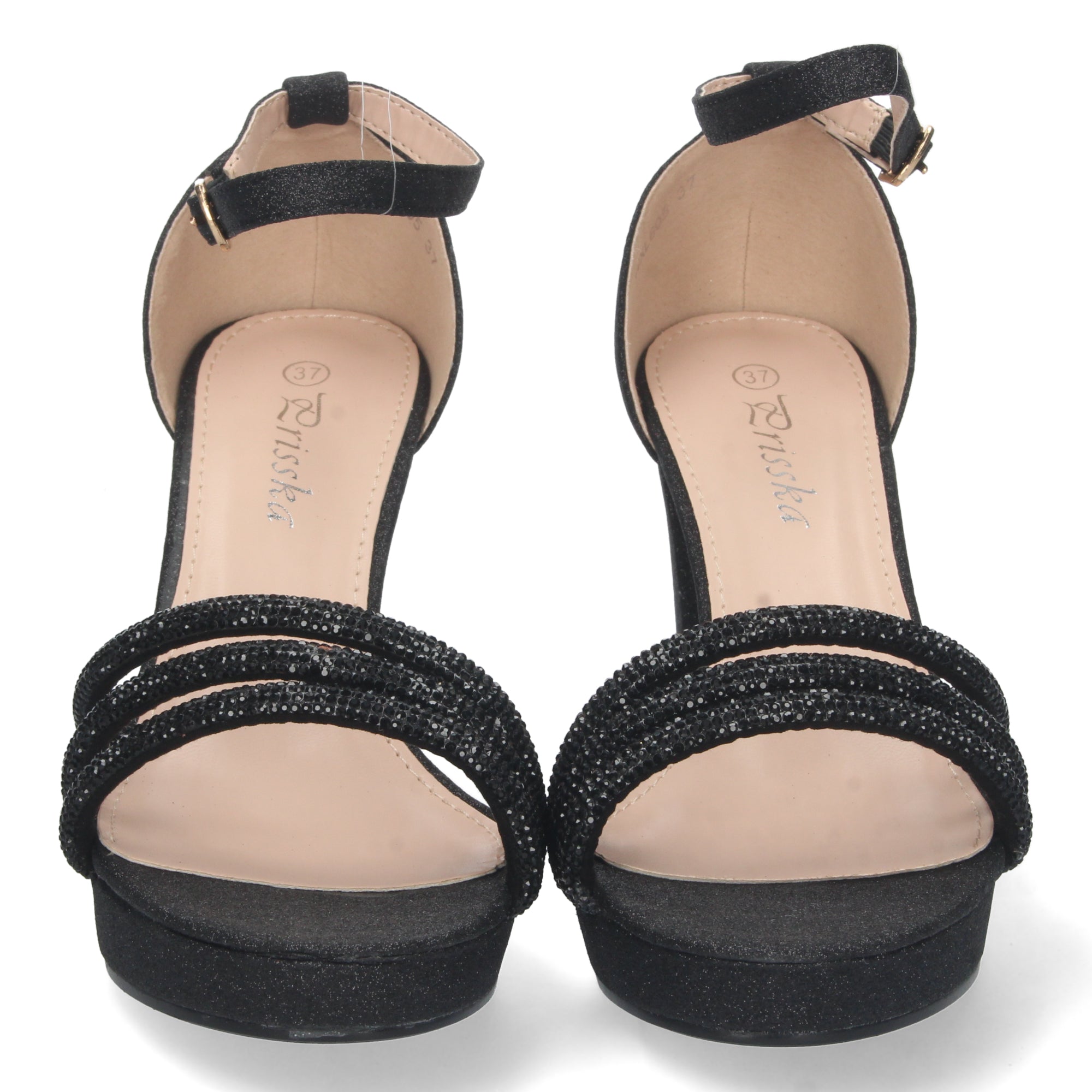 Sandalia  Negra Brillante  de Tacon  Medio Strass Para Mujer