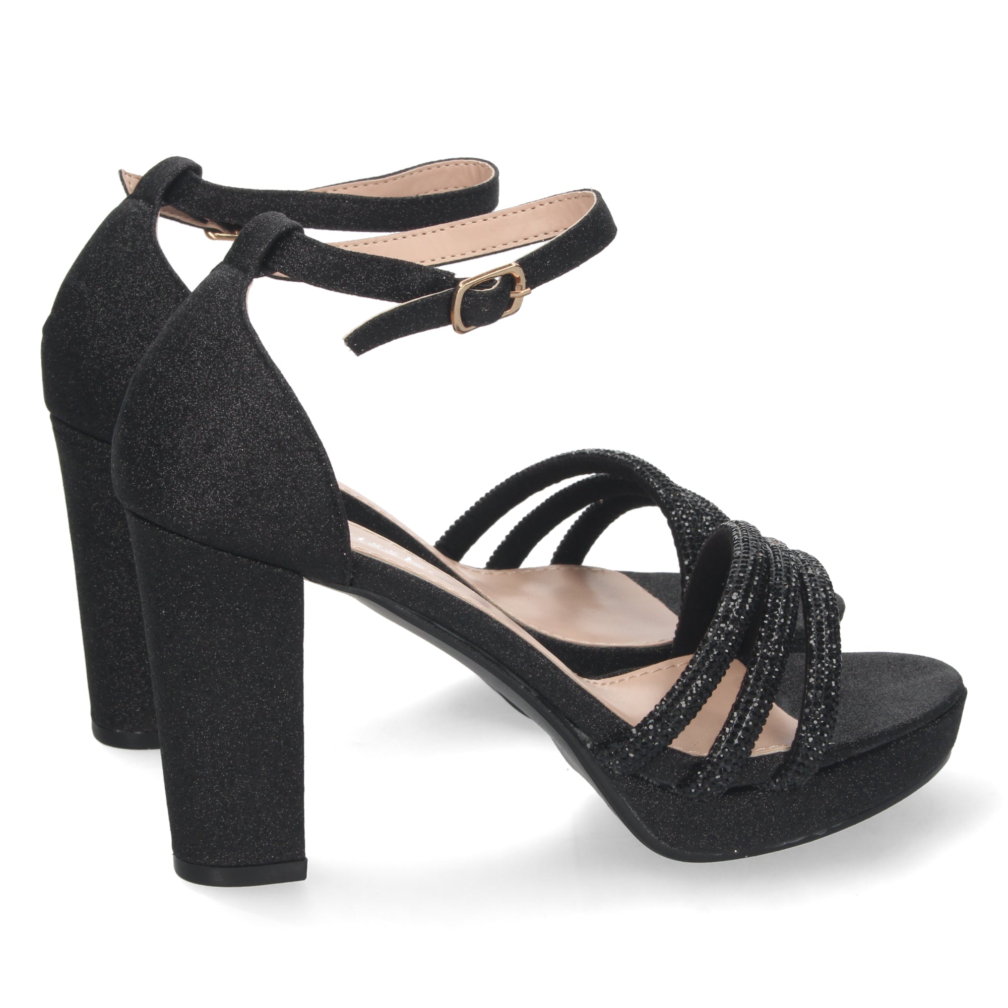 Sandalia  Negra Brillante  de Tacon  Medio Strass Para Mujer