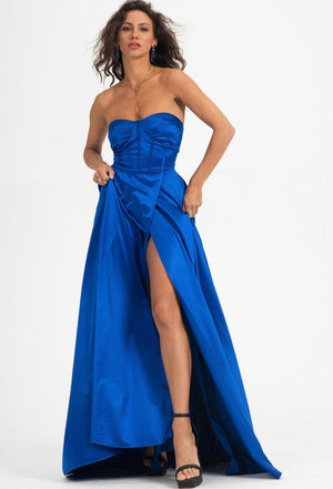 Vestido Royal Satín largo azul eléctrico con corset y abertura frontal