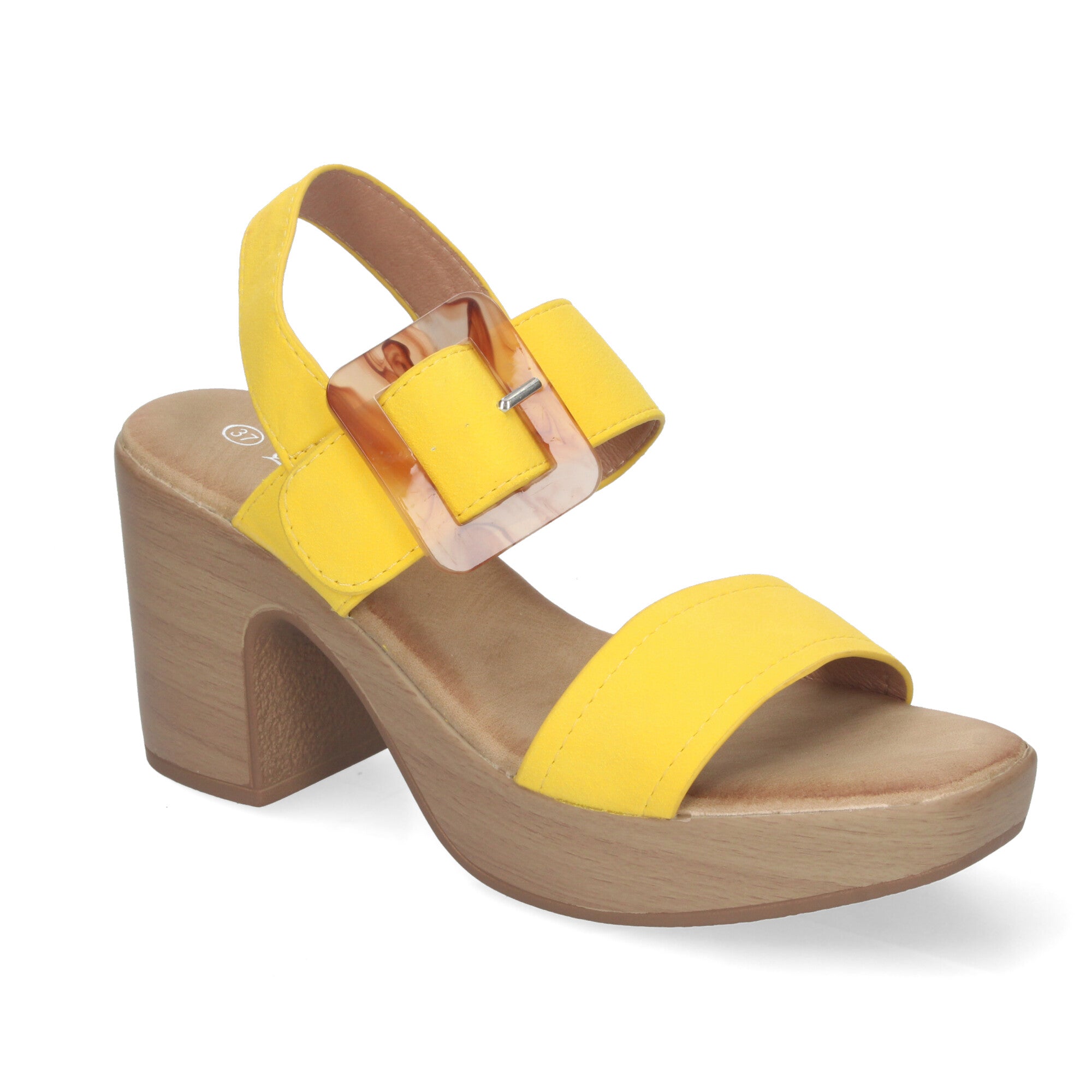 Sandalias de verano para mujer elegantes y cómodas con tacón de madera hebilla decorativa y puntera abierta.