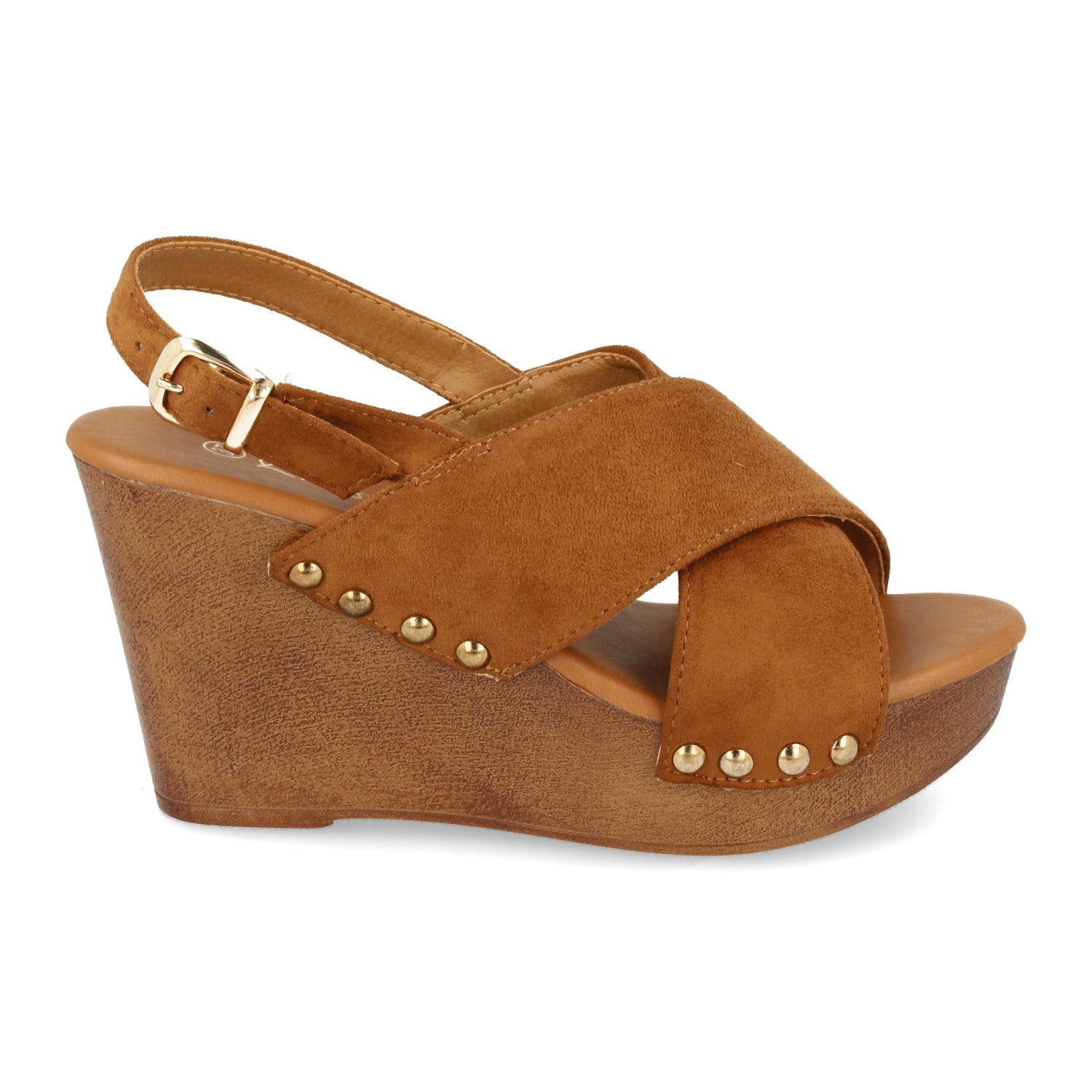 Sandalia de Mujer Estilo Bohemio con Cuña Imitación Madera, Doble Pala Cruzada, Tachuelas y Hebilla Trasera