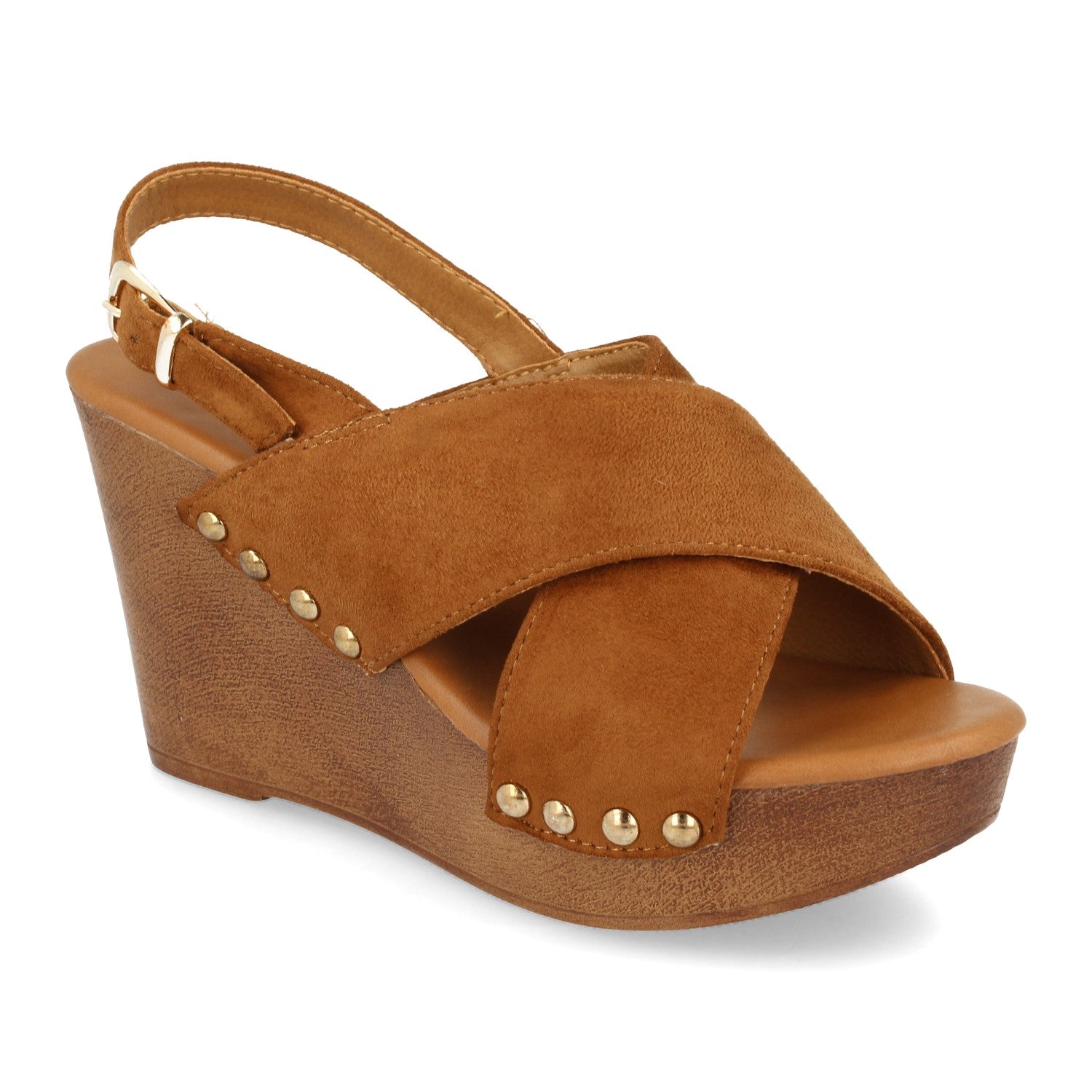 Sandalia de Mujer Estilo Bohemio con Cuña Imitación Madera, Doble Pala Cruzada, Tachuelas y Hebilla Trasera