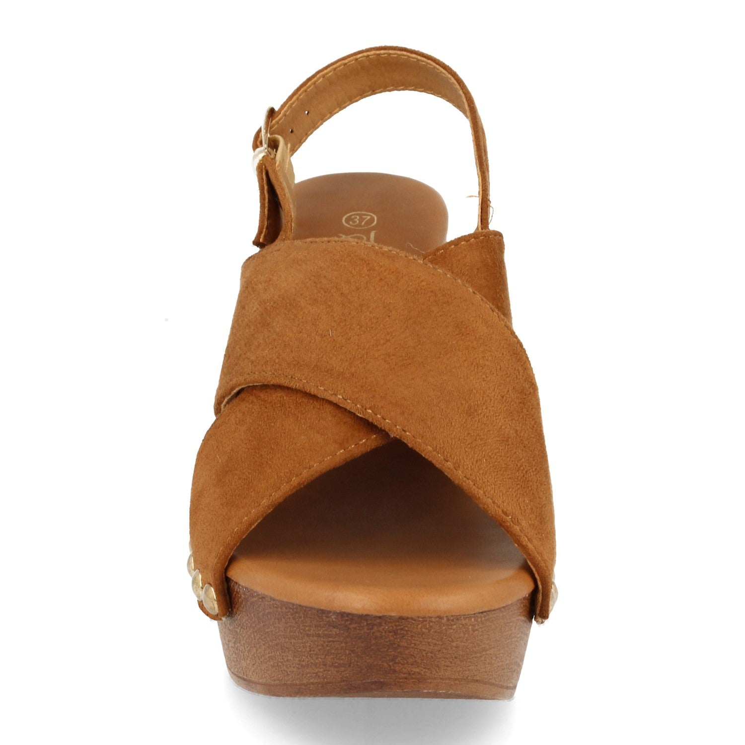 Sandalia de Mujer Estilo Bohemio con Cuña Imitación Madera, Doble Pala Cruzada, Tachuelas y Hebilla Trasera