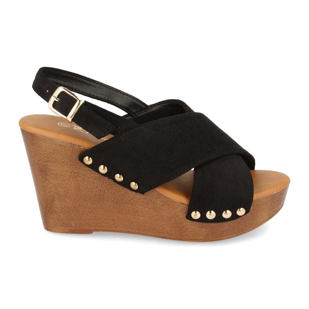 Sandalia de Mujer Estilo Bohemio con Cuña Imitación Madera, Doble Pala Cruzada, Tachuelas y Hebilla Trasera