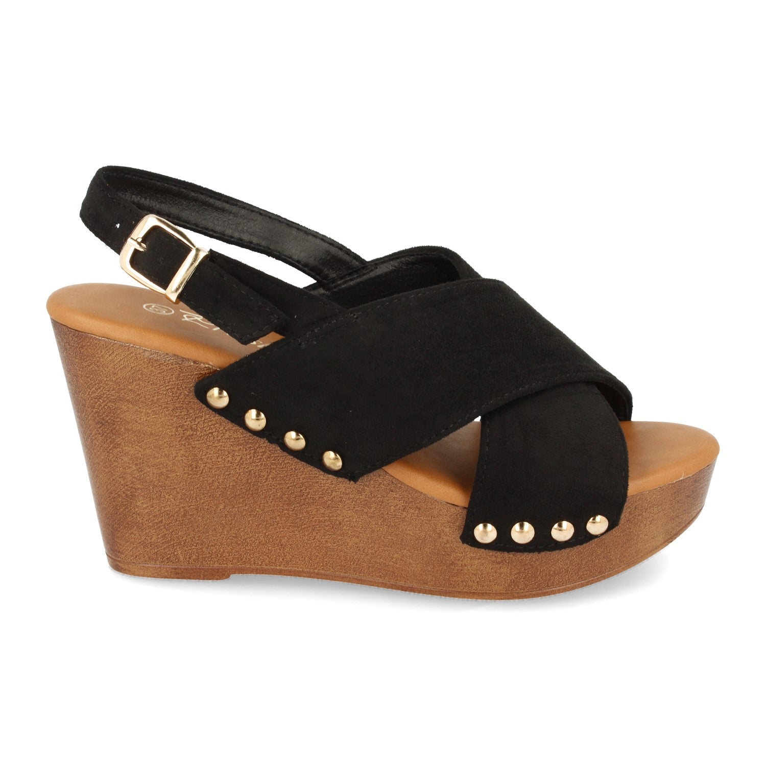 Sandalia de Mujer Estilo Bohemio con Cuña Imitación Madera, Doble Pala Cruzada, Tachuelas y Hebilla Trasera