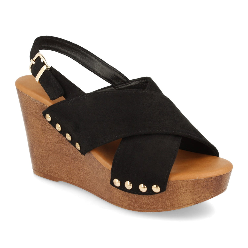 Sandalia de Mujer Estilo Bohemio con Cuña Imitación Madera, Doble Pala Cruzada, Tachuelas y Hebilla Trasera