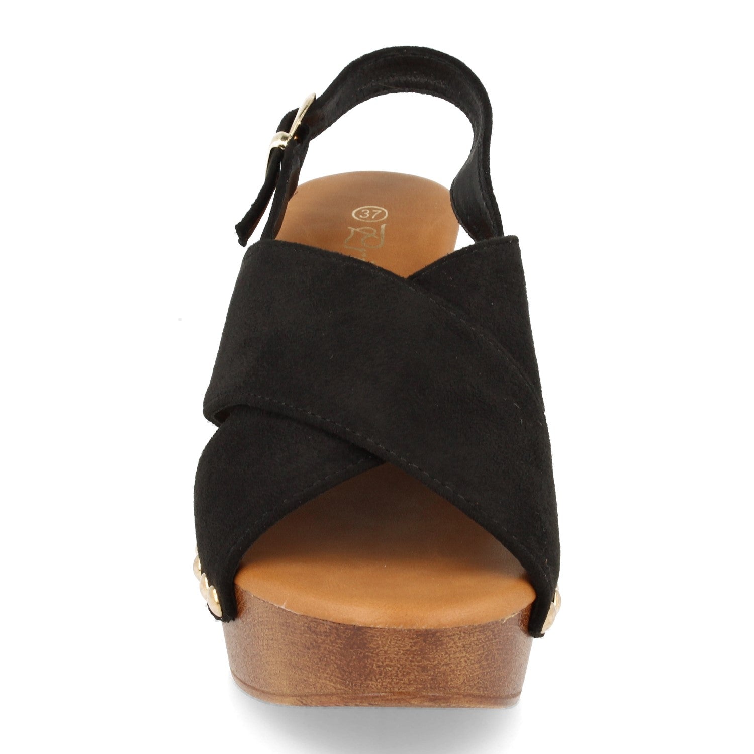 Sandalia de Mujer Estilo Bohemio con Cuña Imitación Madera, Doble Pala Cruzada, Tachuelas y Hebilla Trasera
