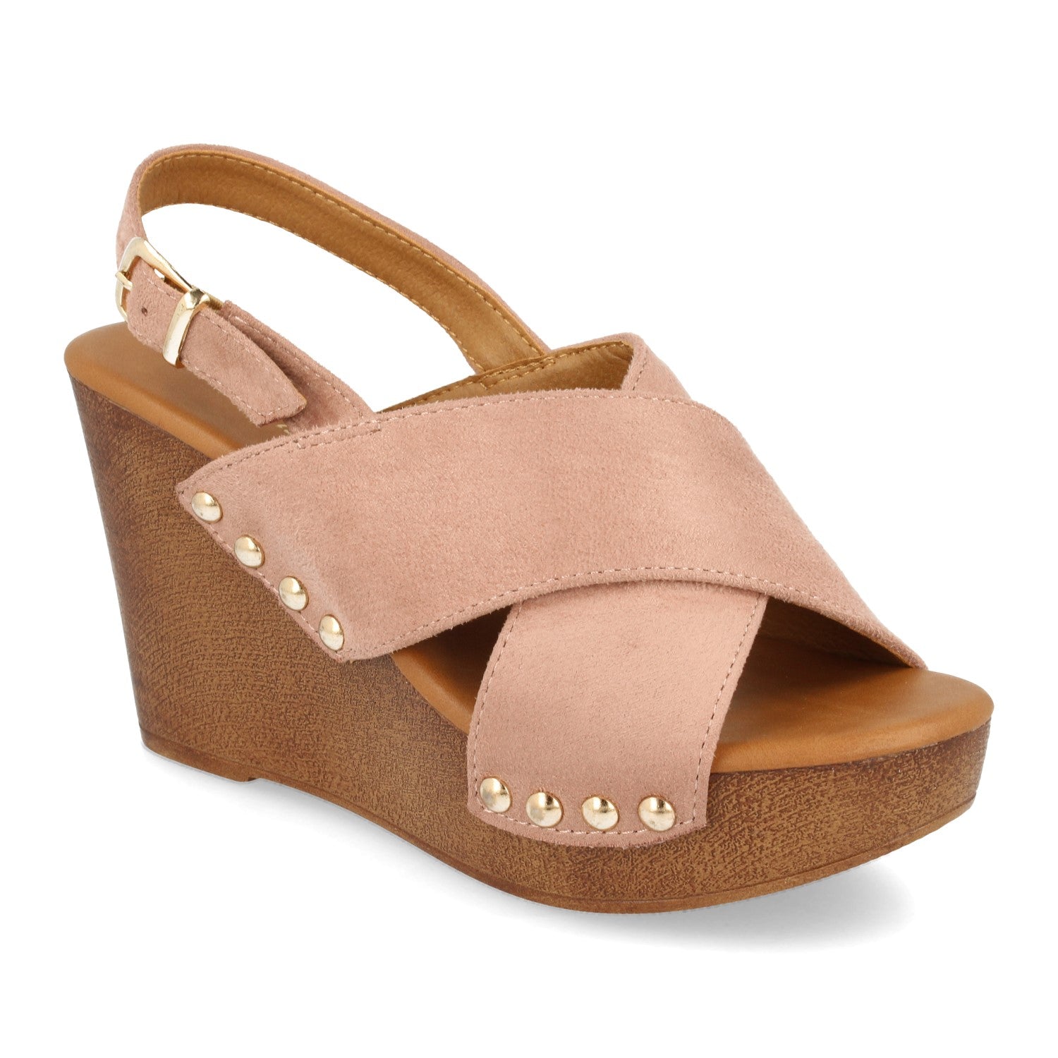 Sandalia de Mujer Estilo Bohemio con Cuña Imitación Madera, Doble Pala Cruzada, Tachuelas y Correa Trasera con Hebilla