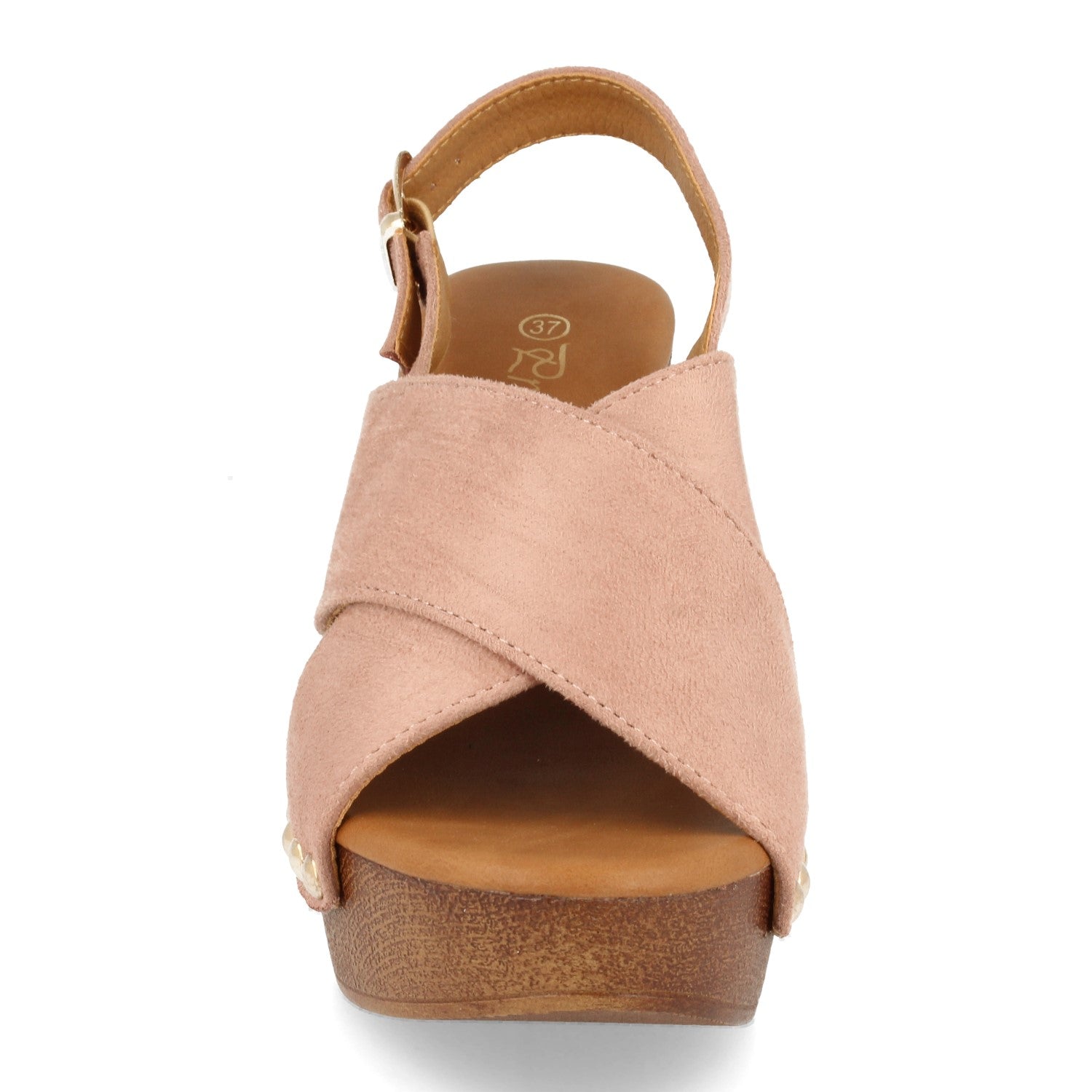 Sandalia de Mujer Estilo Bohemio con Cuña Imitación Madera, Doble Pala Cruzada, Tachuelas y Correa Trasera con Hebilla