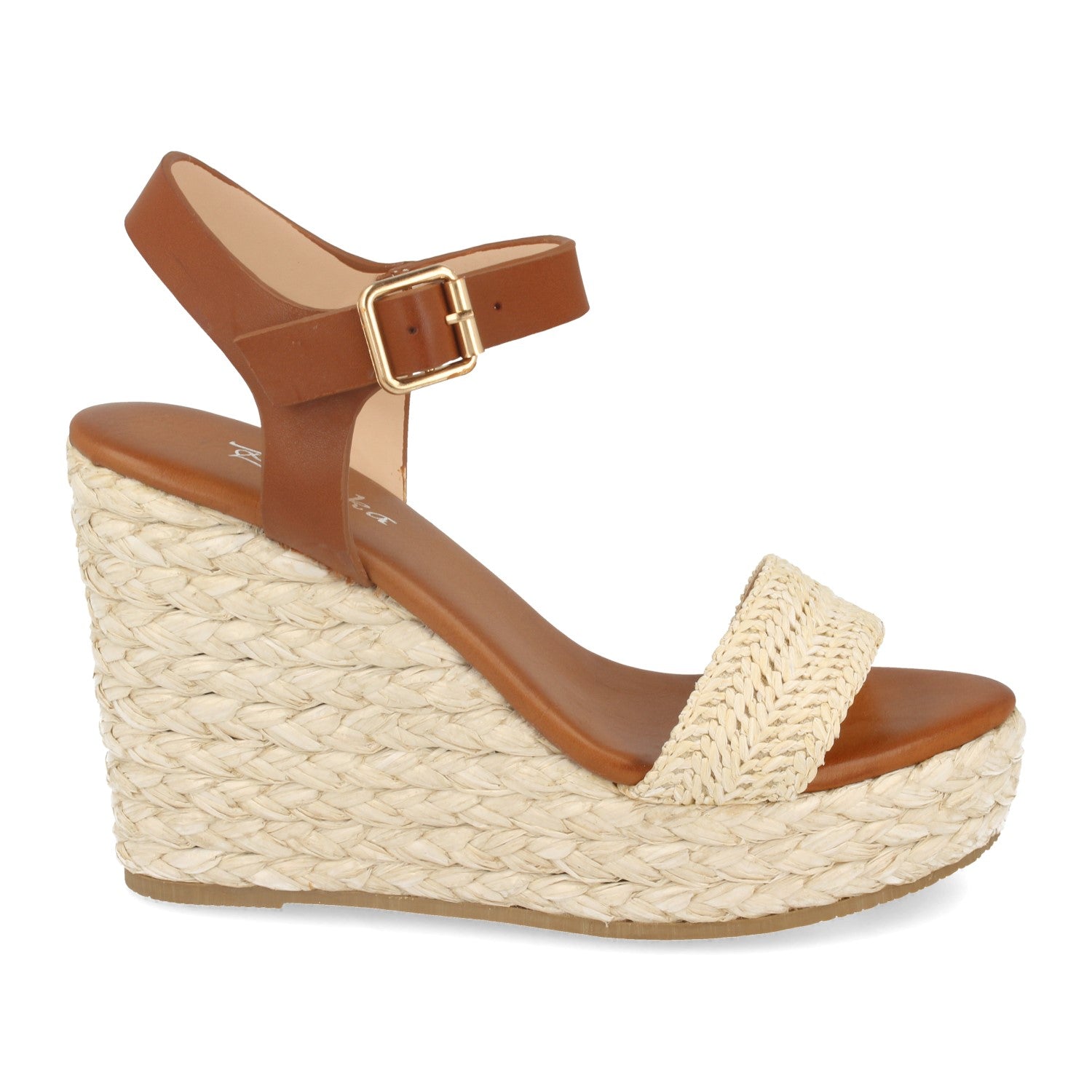 Sandalia de Cuña con Rafia Estilo Ankle Strap, Pala Fina, Piso de Crepelina y Hebilla