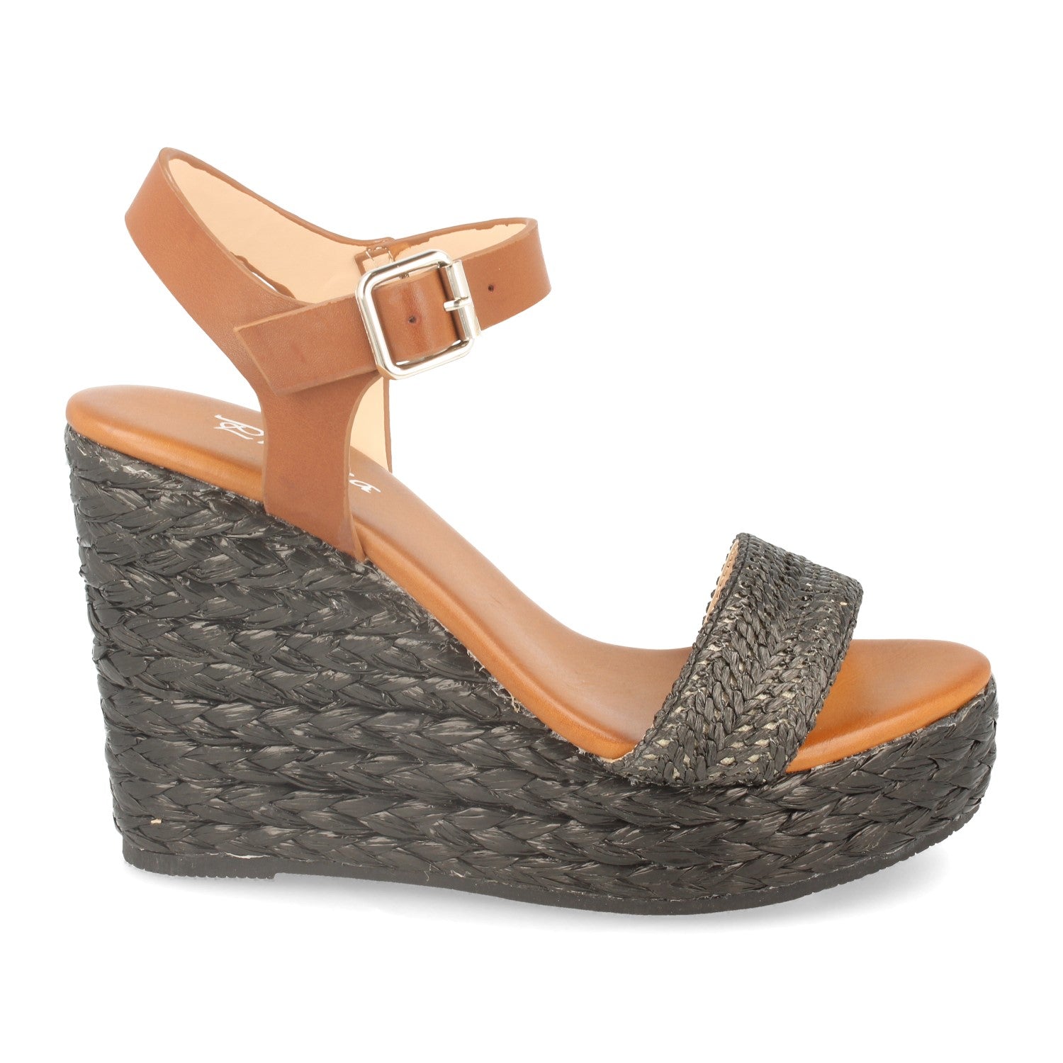 Sandalia de Cuña con Rafia Estilo Ankle Strap, Pala Fina, Piso de Crepelina y Hebilla