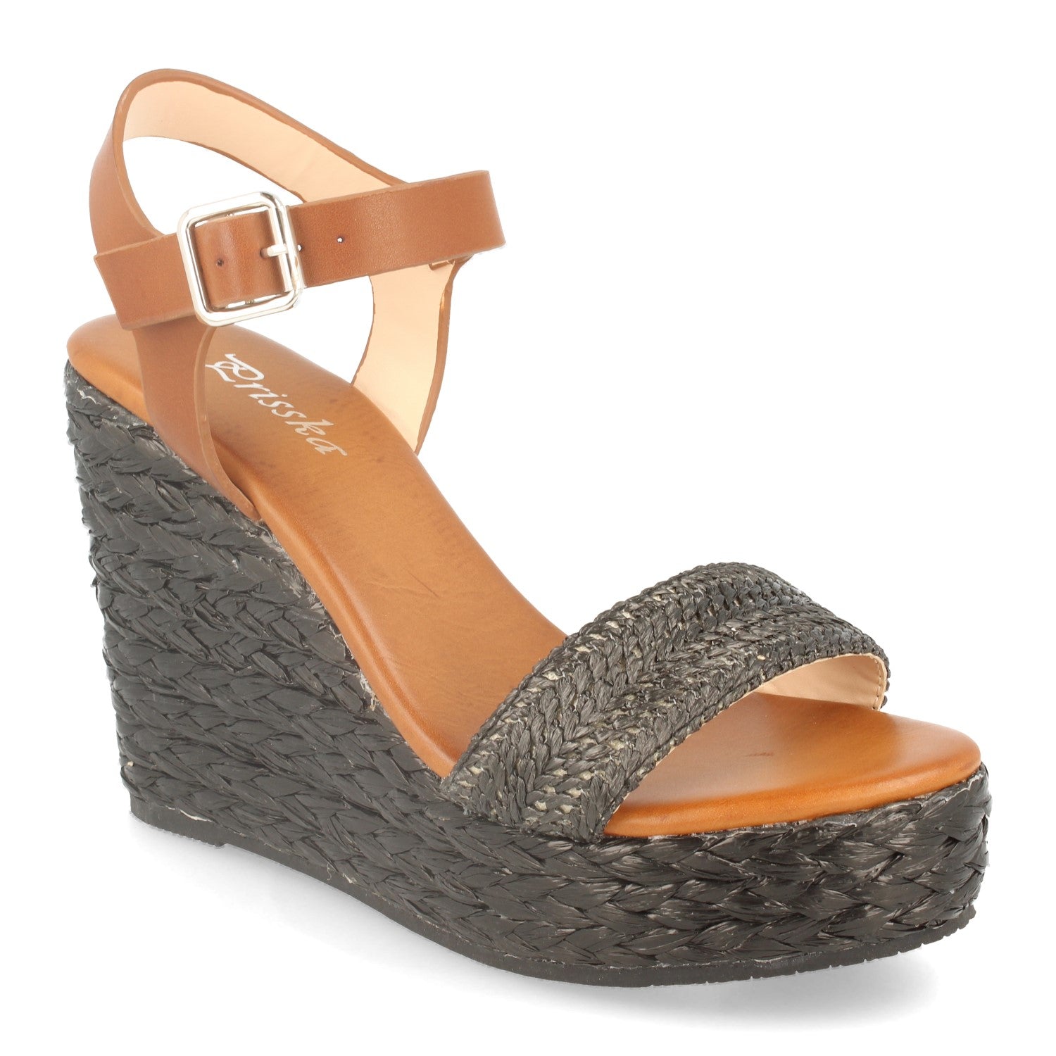 Sandalia de Cuña con Rafia Estilo Ankle Strap, Pala Fina, Piso de Crepelina y Hebilla