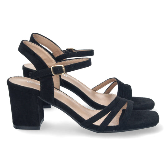Cyrena Black Chic – Sandalia Negra de Tacón con Palas Finas, Talón Abierto y Cierre de Hebilla