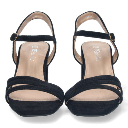 Cyrena Black Chic – Sandalia Negra de Tacón con Palas Finas, Talón Abierto y Cierre de Hebilla