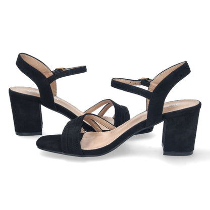 Cyrena Black Chic – Sandalia Negra de Tacón con Palas Finas, Talón Abierto y Cierre de Hebilla