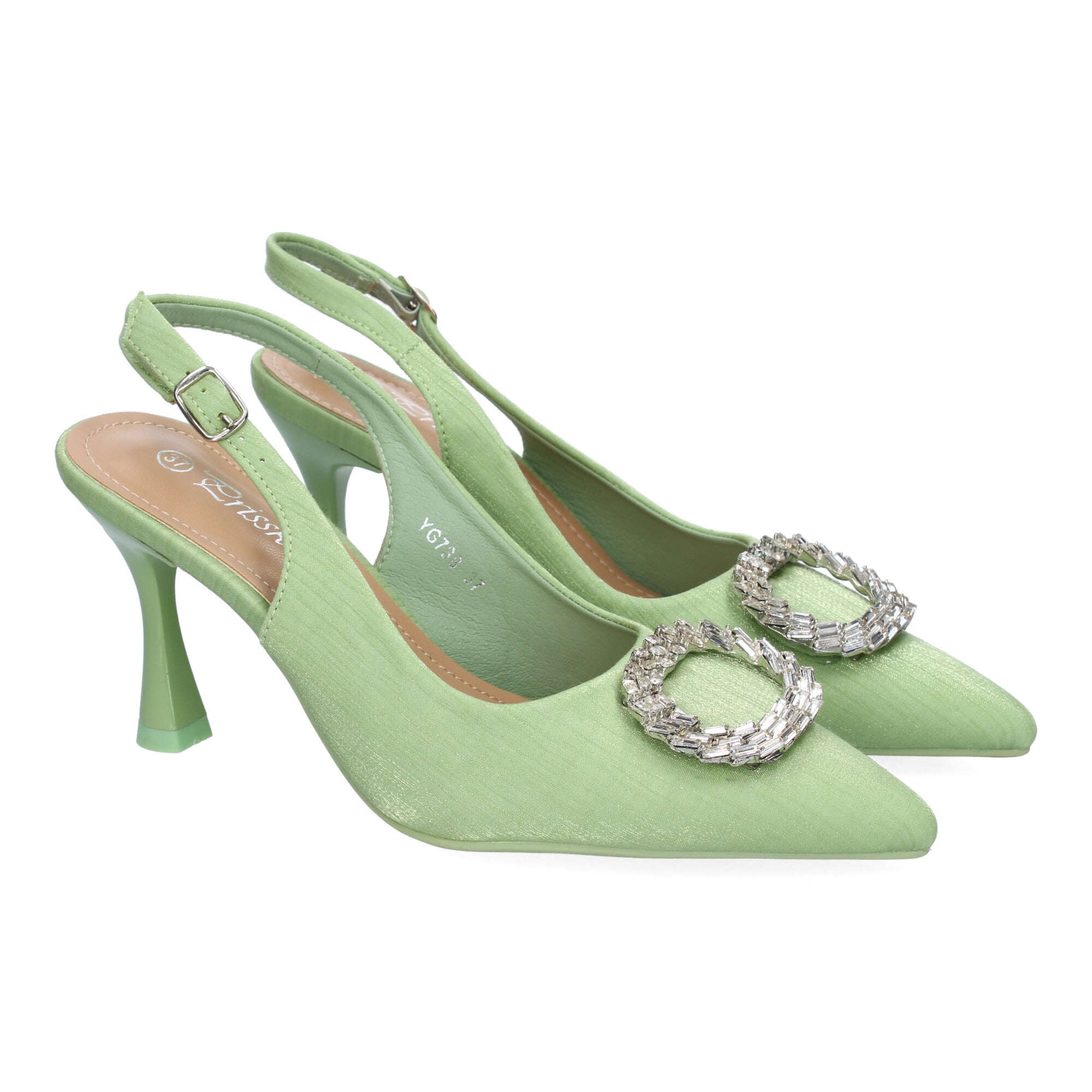 Zapato Moderno  Verde De Salón con Tacon Fino Y Adorno Brillante