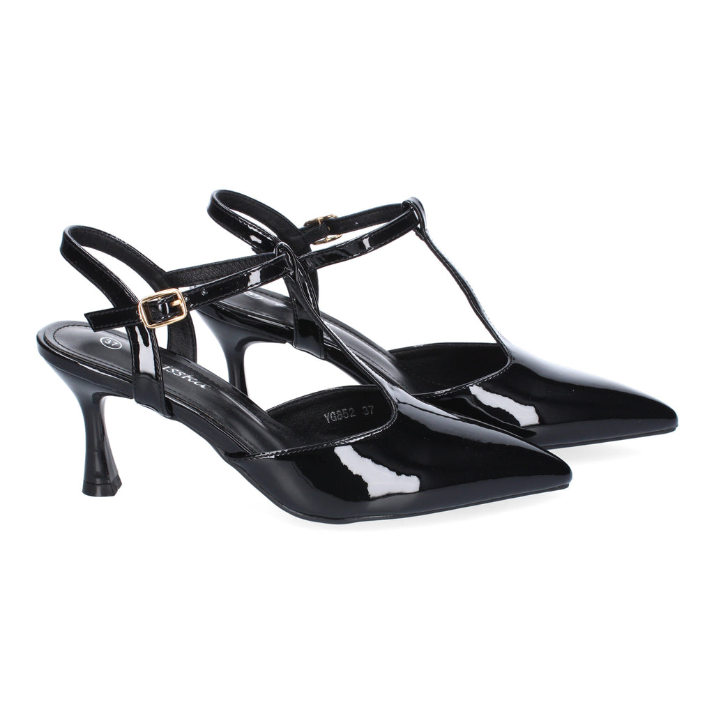Zapato Charol Negro Salón con Tacon Fino Y Punta Fina Para Mujer