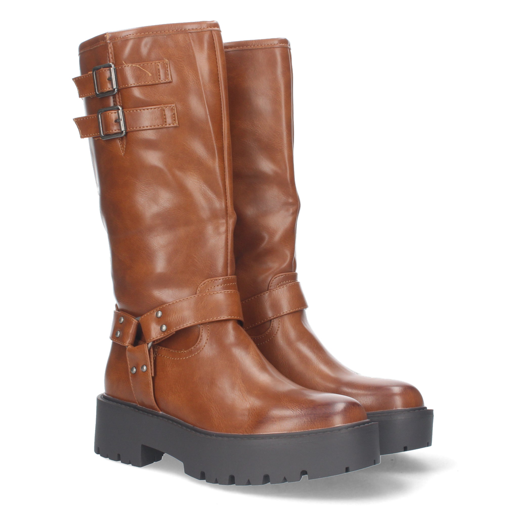 Botas Moteras de Mujer con Tacón Bajo, Plataforma, Hebillas y Cremallera