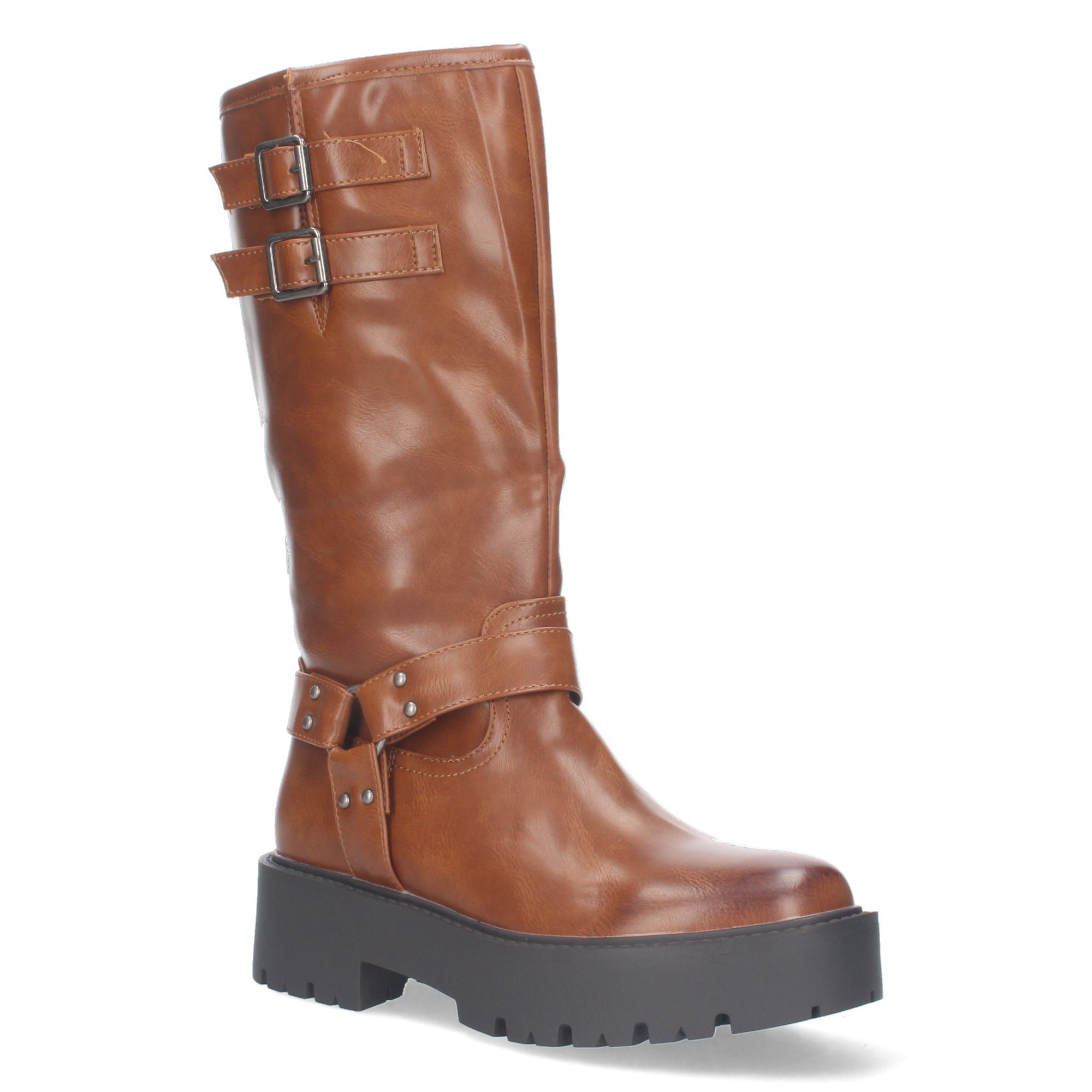 Botas Moteras de Mujer con Tacón Bajo, Plataforma, Hebillas y Cremallera