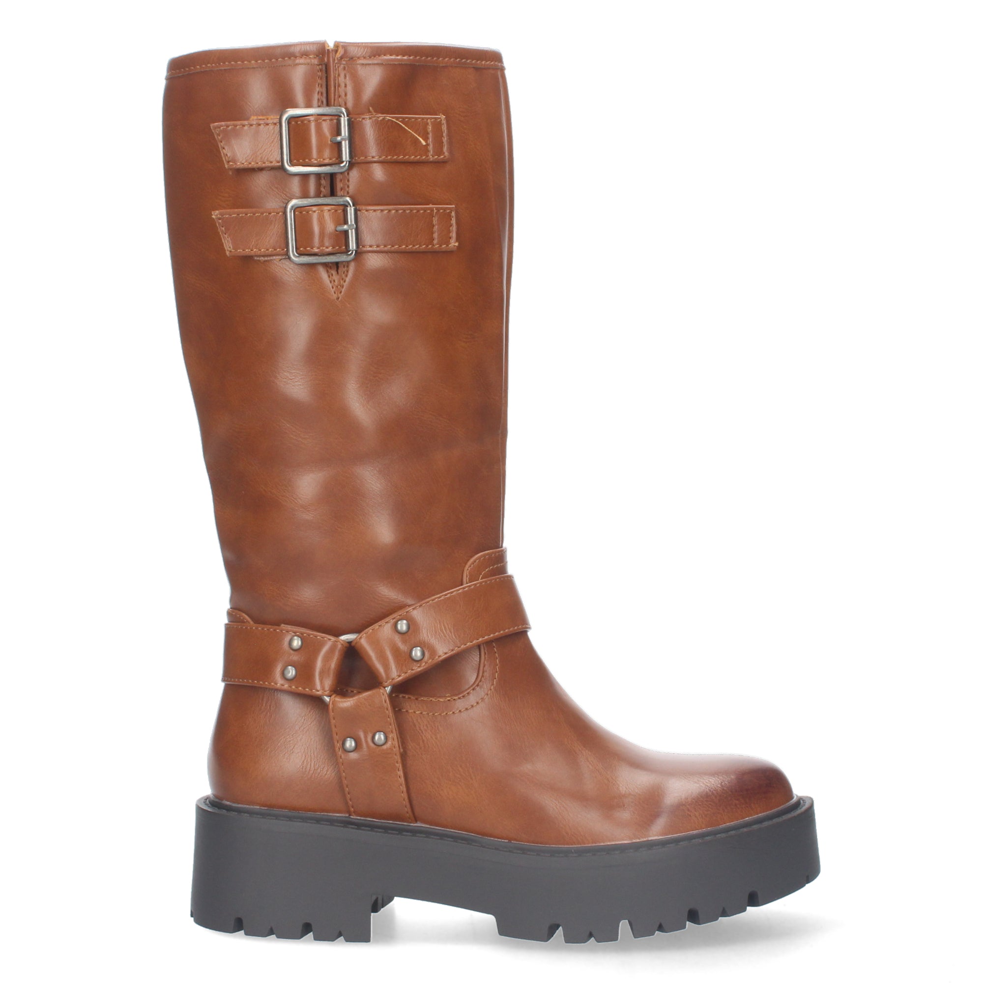 Botas Moteras de Mujer con Tacón Bajo, Plataforma, Hebillas y Cremallera