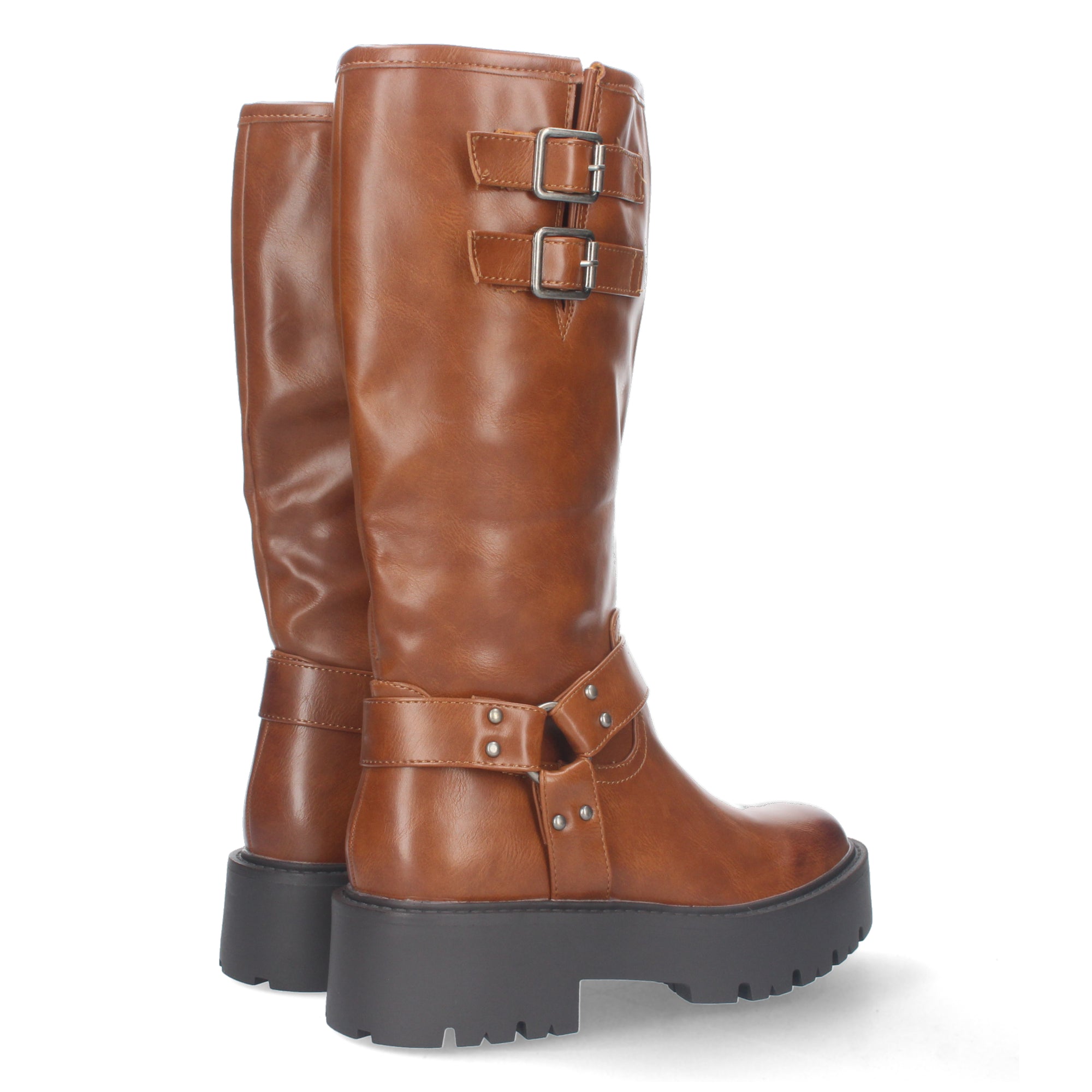 Botas Moteras de Mujer con Tacón Bajo, Plataforma, Hebillas y Cremallera