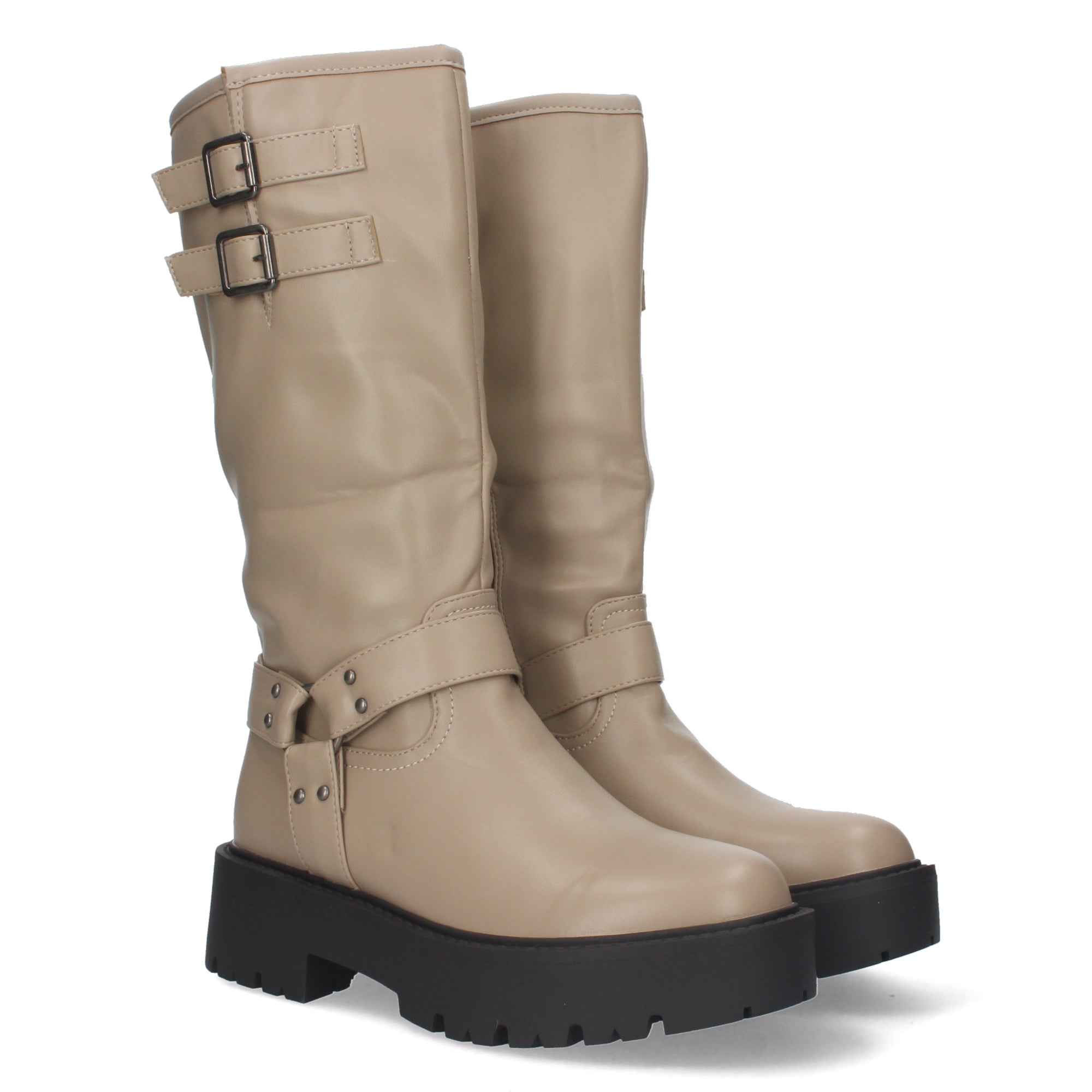 Botas Moteras de Mujer con Tacón Bajo, Plataforma, Hebillas y Cremallera