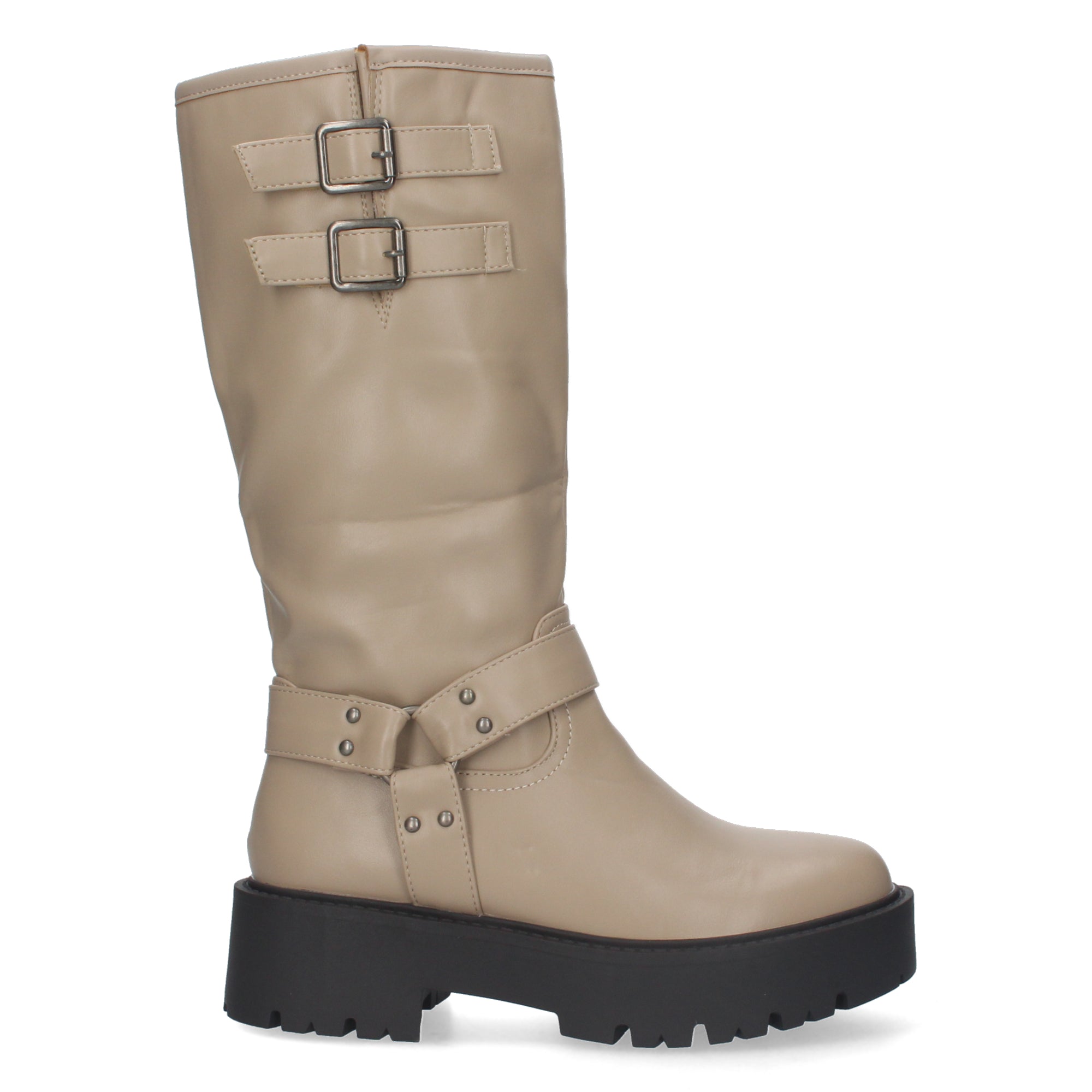 Botas Moteras de Mujer con Tacón Bajo, Plataforma, Hebillas y Cremallera