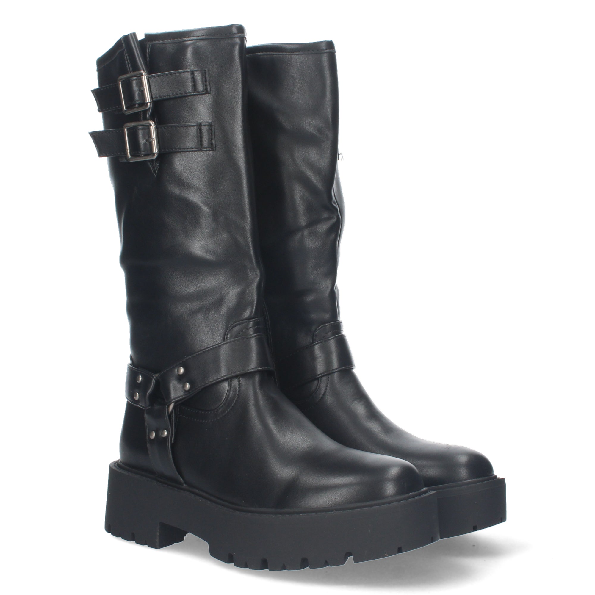 Botas Moteras de Mujer con Tacón Bajo, Plataforma, Hebillas y Cremallera