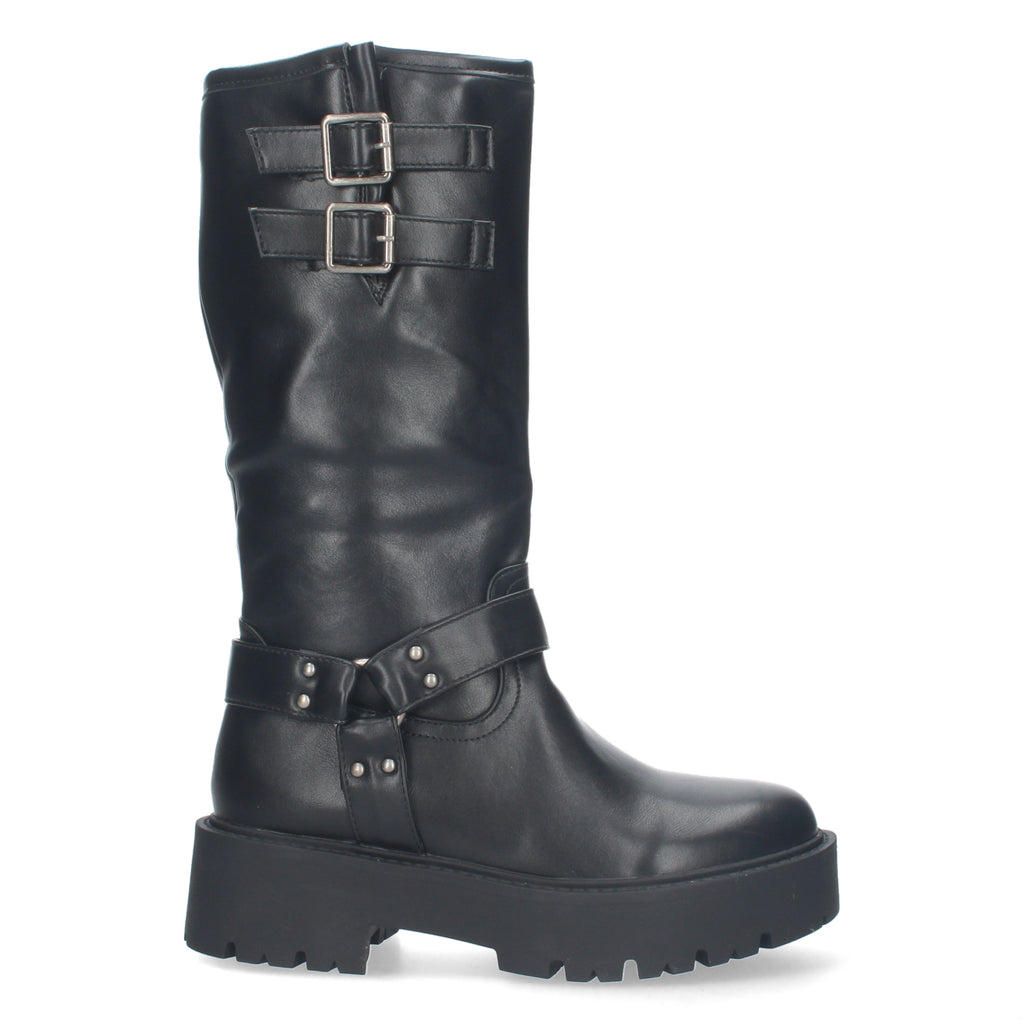Botas Moteras de Mujer con Tacón Bajo, Plataforma, Hebillas y Cremallera