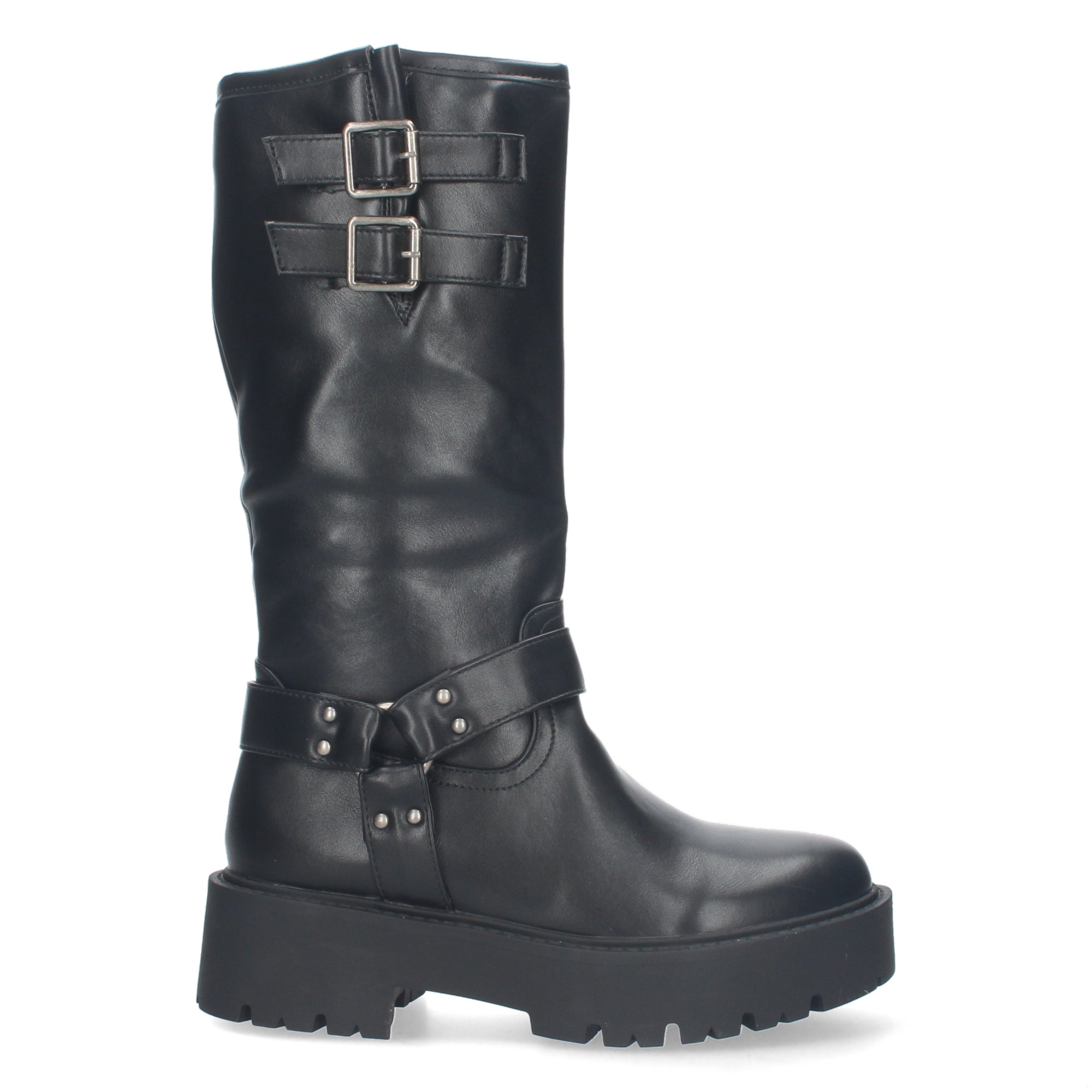Botas Moteras de Mujer con Tacón Bajo, Plataforma, Hebillas y Cremallera