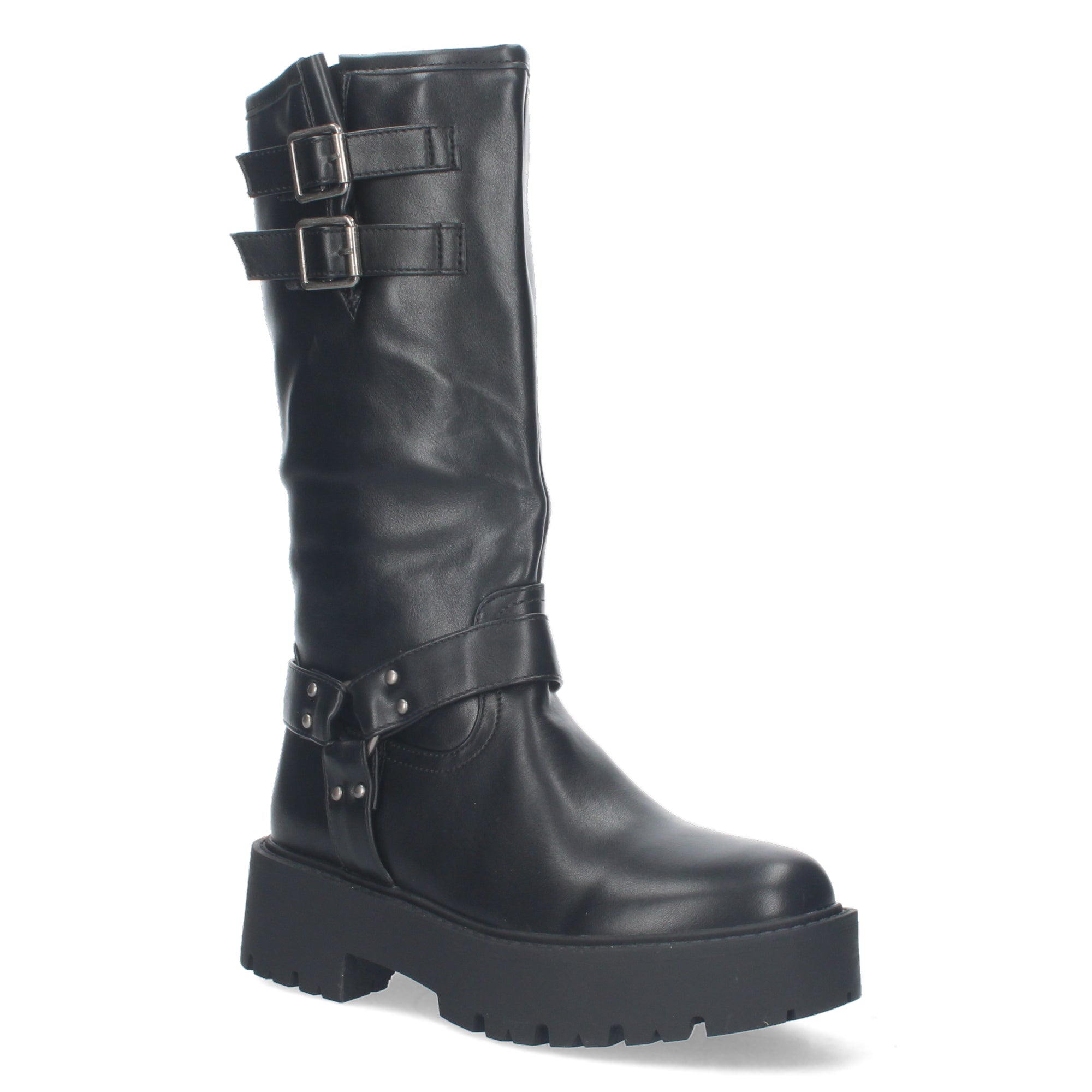 Botas Moteras de Mujer con Tacón Bajo, Plataforma, Hebillas y Cremallera