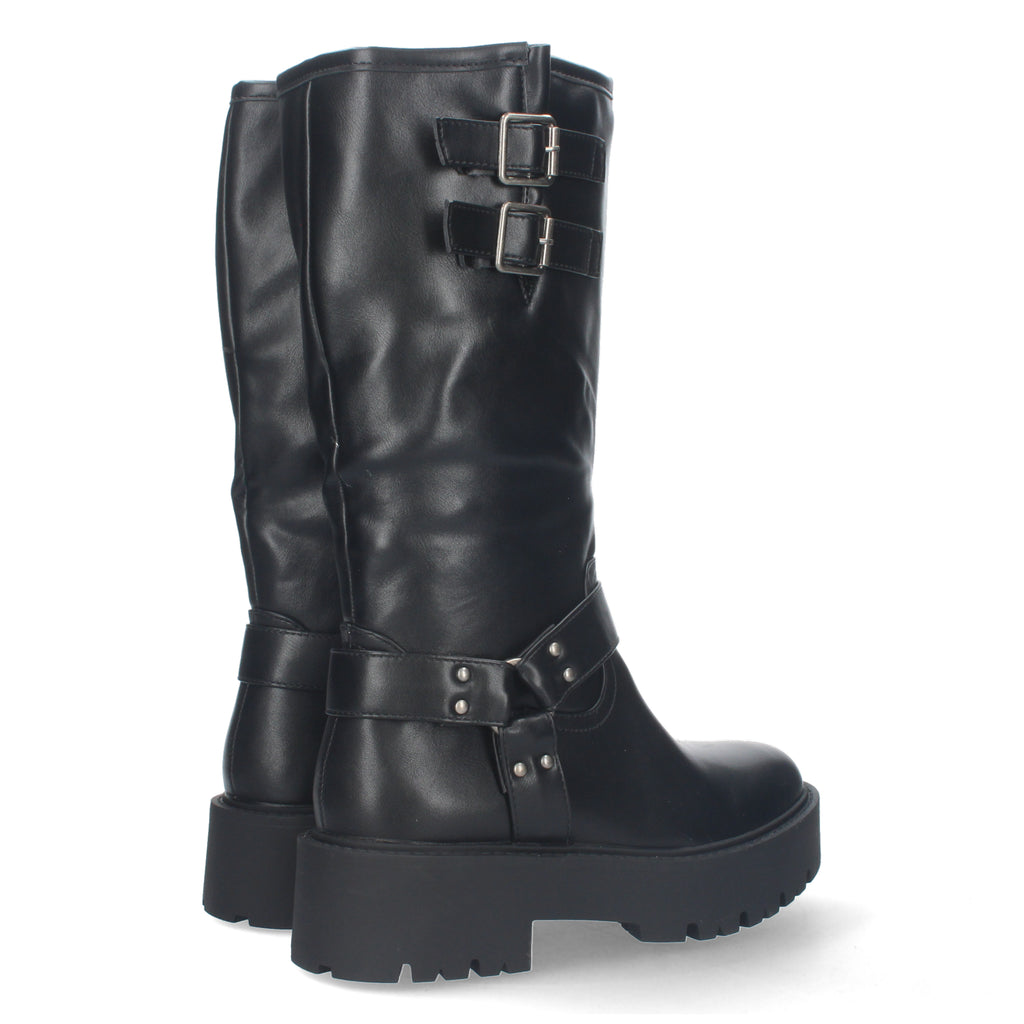 Botas Moteras de Mujer con Tacón Bajo, Plataforma, Hebillas y Cremallera