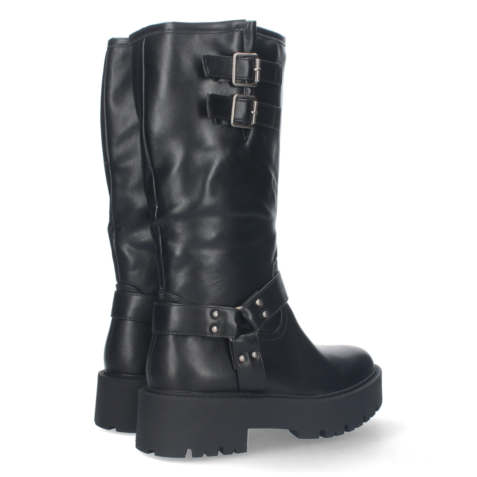 Botas Moteras de Mujer con Tacón Bajo, Plataforma, Hebillas y Cremallera