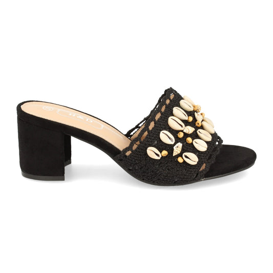 Cyrena Sea Noir – Sandalia Negra de Tacón para Mujer Adornada con Conchas y Talón Abierto