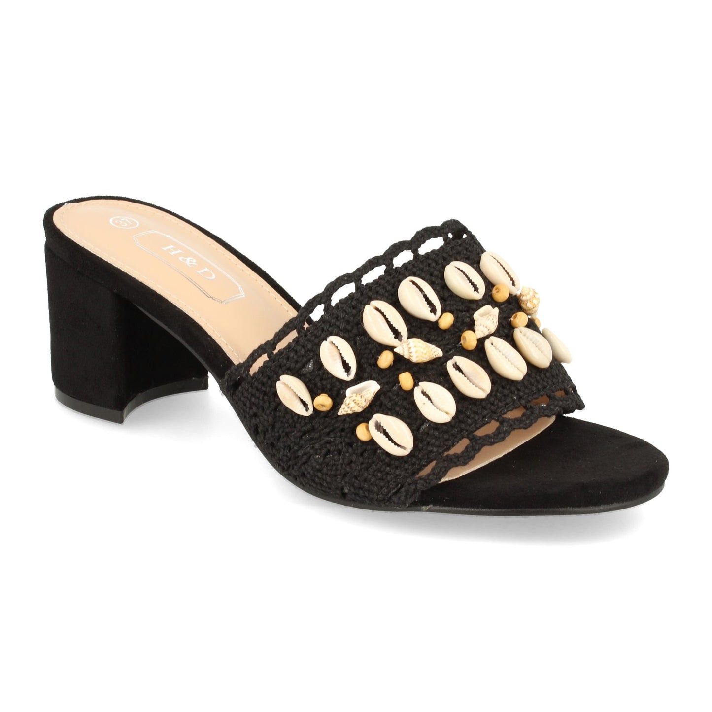 Cyrena Sea Noir – Sandalia Negra de Tacón para Mujer Adornada con Conchas y Talón Abierto