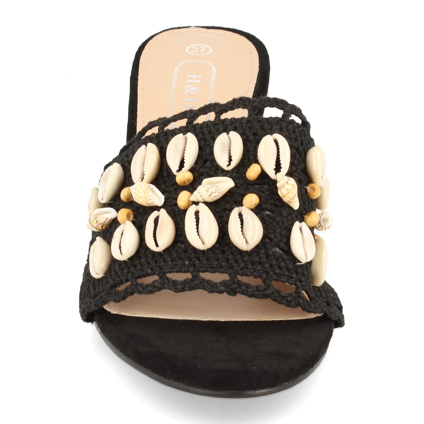 Cyrena Sea Noir – Sandalia Negra de Tacón para Mujer Adornada con Conchas y Talón Abierto